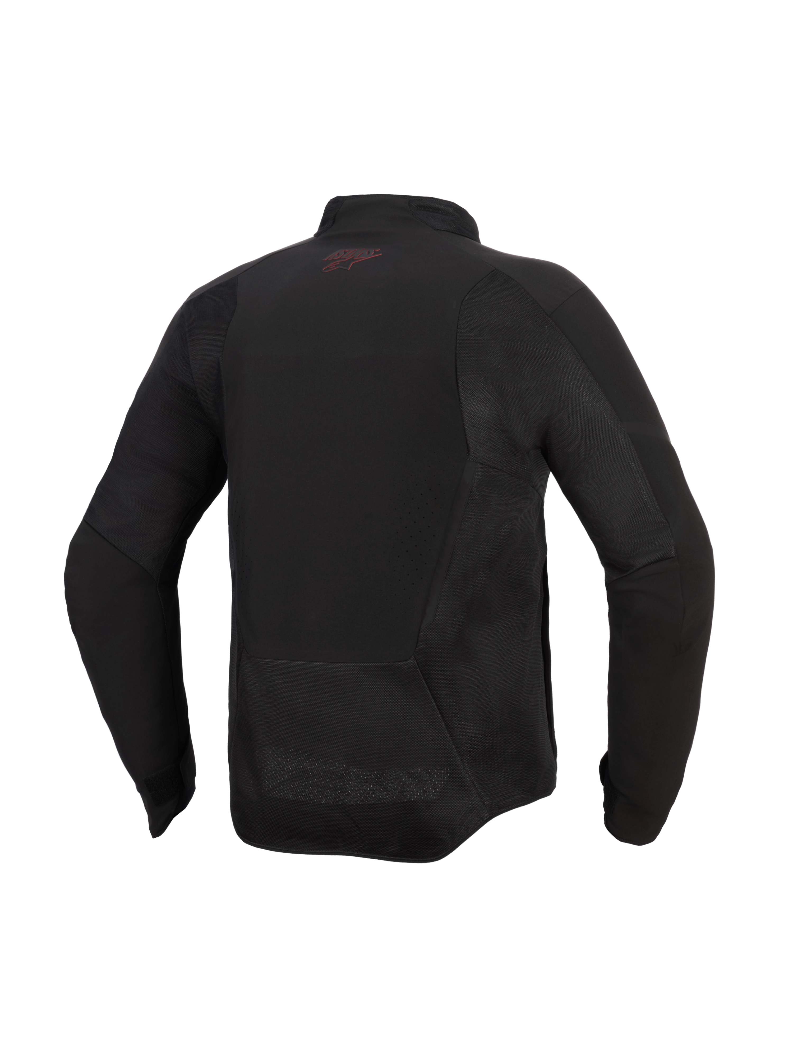 Alpinestars Aeroshell Airflow-jakke, motorcykeljakke, Black Anthracite, set bagfra med mesh-paneler og laser-perforerede ventilationszoner, forlænget ryg for dækning under kørsel, lille rødt logo i nakken, letvægts softshell-design i sportssnit