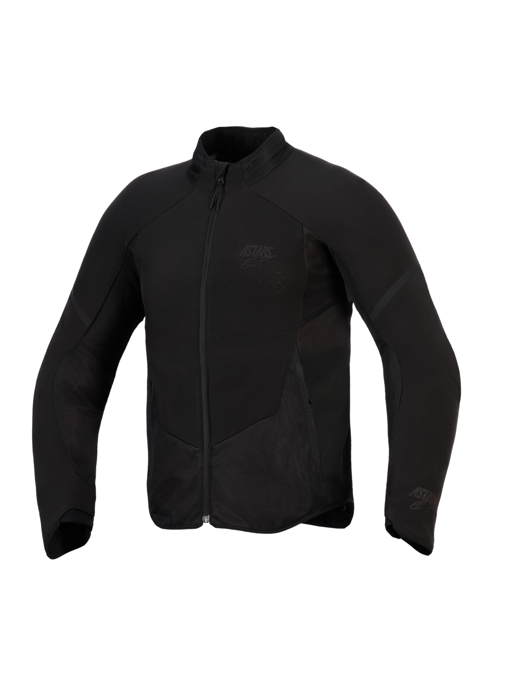 Alpinestars Aeroshell Airflow jakke, motorcykeljakke, Black Anthracite, letvægts stretch softshell med laserperforerede ventilationszoner, mesh-paneler og diskret branding på brystet, sport-cut design til kørsel i varmt vejr