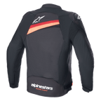 Alpinestars T-GP Plus R V4 Airflow Jacket, Black with Red Fluo, rear view of textile motorcycle jacket showing large mesh ventilation panels, white Astar logo on upper back, and 'alpinestars RACING AHEAD' branding on the lower back.