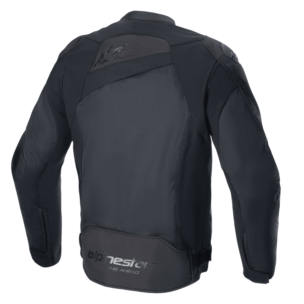 Alpinestars T-GP Plus R V4 Airflow Jakke, sort/sort, set bagfra, med stort mesh-panel for maksimal luftstrøm, perforeret øvre ryg, diskret præget logo og Alpinestars Racing Ahead-branding på den nederste del af ryggen, motorcykeljakke i tekstil med sportspasform
