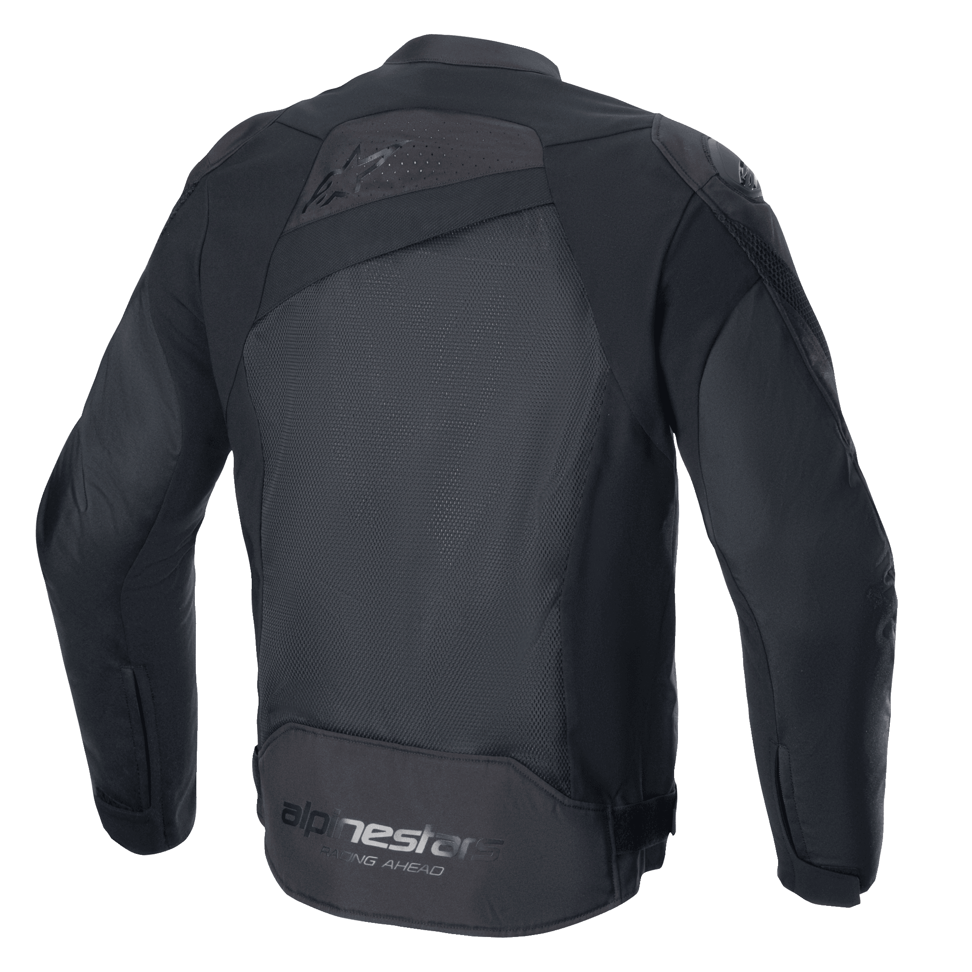 Alpinestars T-GP Plus R V4 Airflow Jakke, sort/sort, set bagfra, med stort mesh-panel for maksimal luftstrøm, perforeret øvre ryg, diskret præget logo og Alpinestars Racing Ahead-branding på den nederste del af ryggen, motorcykeljakke i tekstil med sportspasform