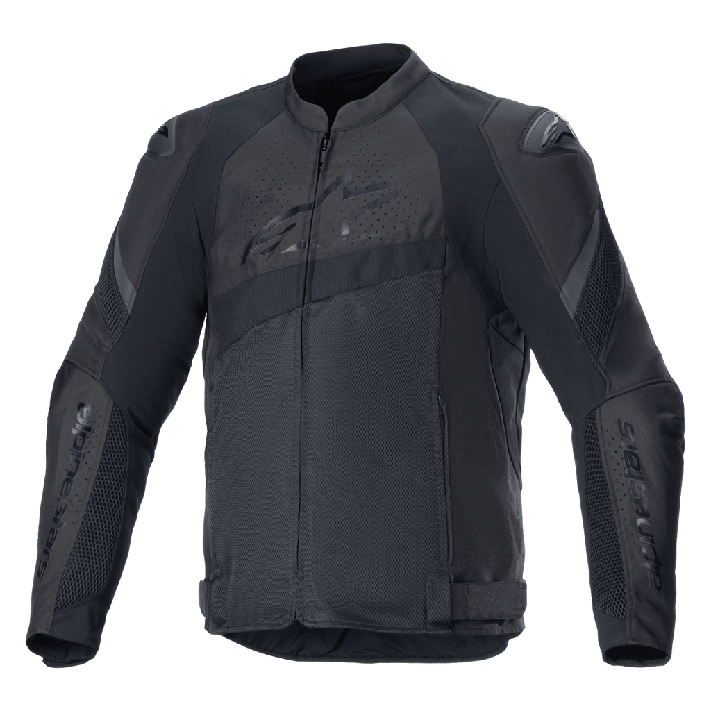 Alpinestars T-GP Plus R V4 Airflow jakke, sort motorcykeljakke i tekstil, omfattende mesh-ventilationspaneler, perforerede zoner på bryst og ryg, DFS Lite skulderbeskyttere, justerbare taljestropper, sport-performance køreudstyr