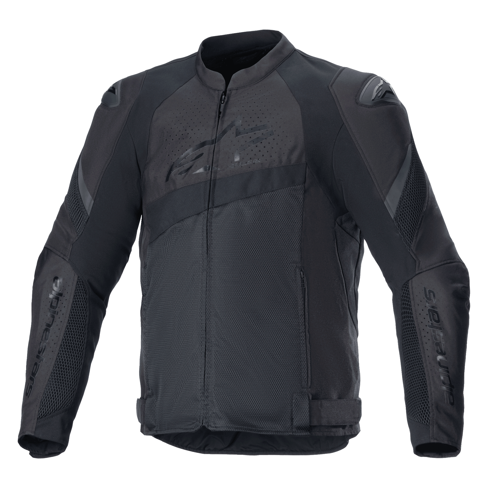 Alpinestars T-GP Plus R V4 Airflow jakke, sort motorcykeljakke i tekstil, omfattende mesh-ventilationspaneler, perforerede zoner på bryst og ryg, DFS Lite skulderbeskyttere, justerbare taljestropper, sport-performance køreudstyr