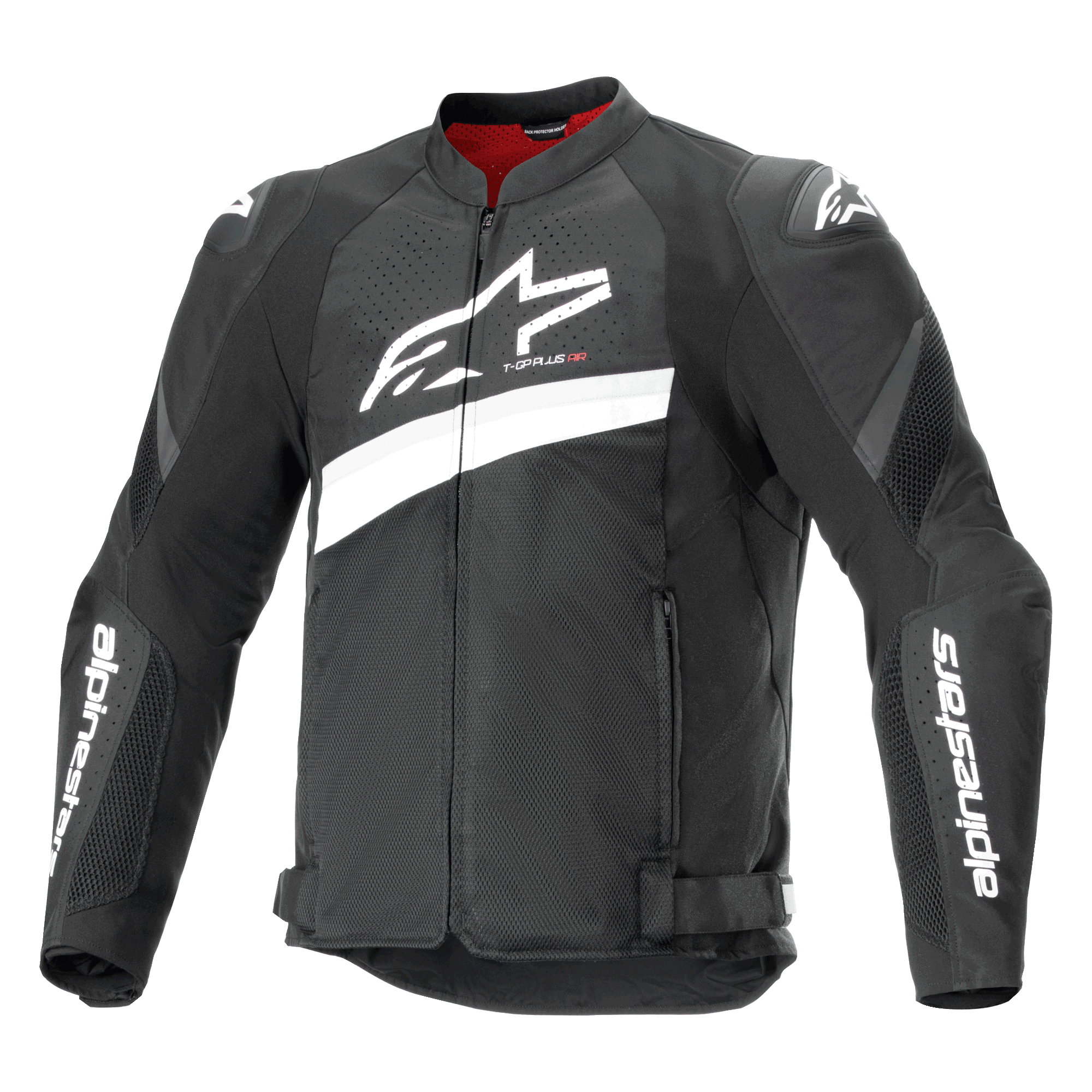 Alpinestars T-GP Plus R V4 Airflow Jacket, Textile Motorcycle Racing Jacket, Black and White, featuring a large white Astar logo on the chest, perforated mesh panels for ventilation, red interior lining, and DFS Lite shoulder protectors