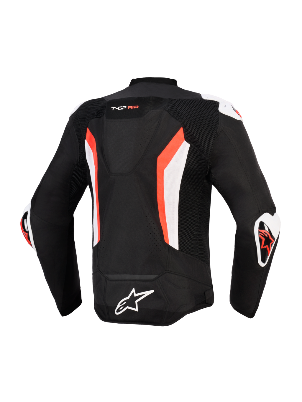 Alpinestars T-GP Air jakke, set bagfra, sort med rød fluo og hvide detaljer, med aerodynamisk pukkel, tekniske mesh-paneler for luftgennemstrømning, "T-GP AIR" branding øverst på ryggen, hvide og røde DFS-glidere på skuldre og albuer, Alpinestars logo nederst på ryggen, sport-cut performance motorcykeljakke