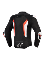 Alpinestars T-GP Air jakke, set bagfra, sort med rød fluo og hvide detaljer, med aerodynamisk pukkel, tekniske mesh-paneler for luftgennemstrømning, "T-GP AIR" branding øverst på ryggen, hvide og røde DFS-glidere på skuldre og albuer, Alpinestars logo nederst på ryggen, sport-cut performance motorcykeljakke
