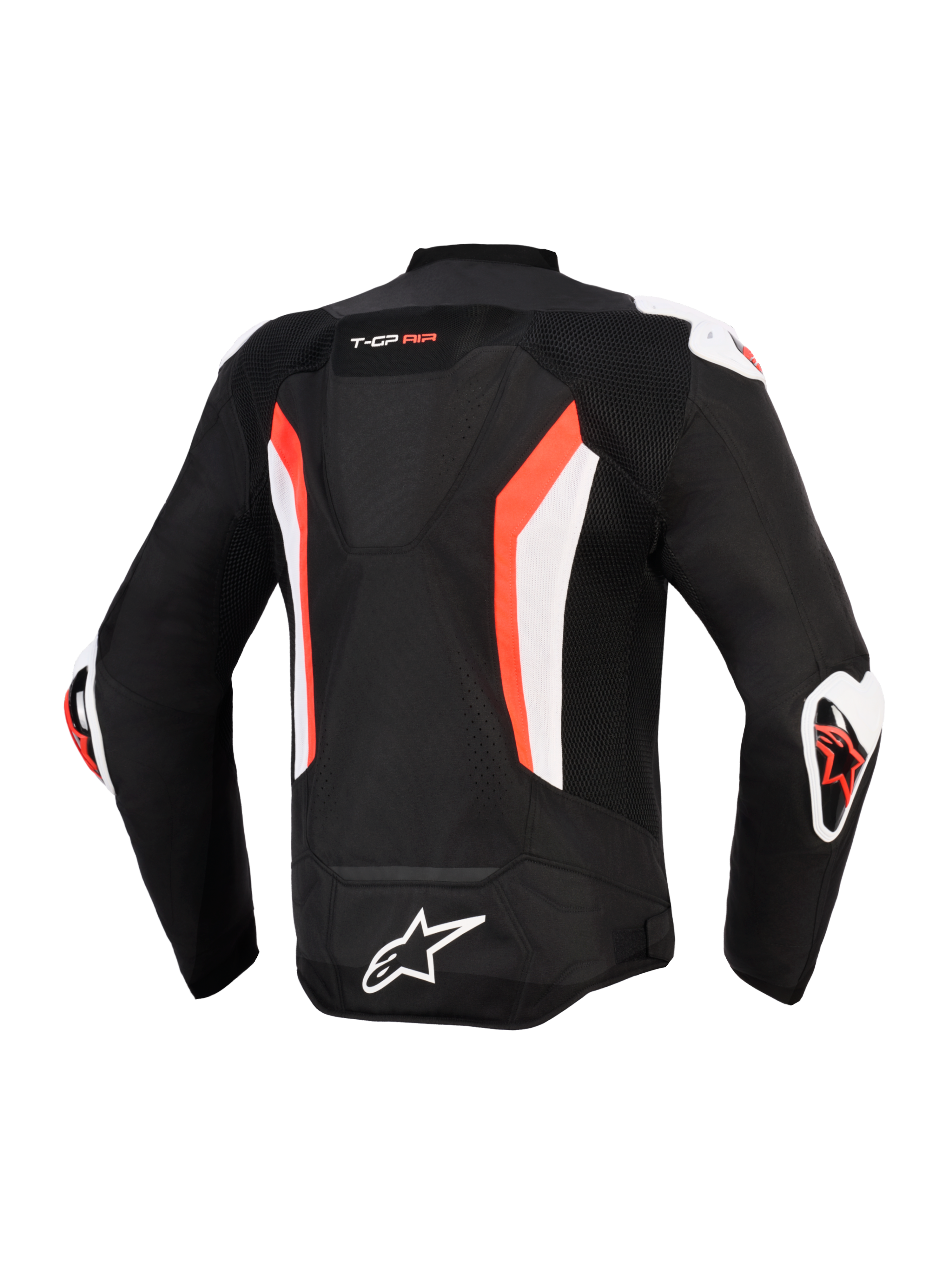 Alpinestars T-GP Air jakke, set bagfra, sort med rød fluo og hvide detaljer, med aerodynamisk pukkel, tekniske mesh-paneler for luftgennemstrømning, "T-GP AIR" branding øverst på ryggen, hvide og røde DFS-glidere på skuldre og albuer, Alpinestars logo nederst på ryggen, sport-cut performance motorcykeljakke