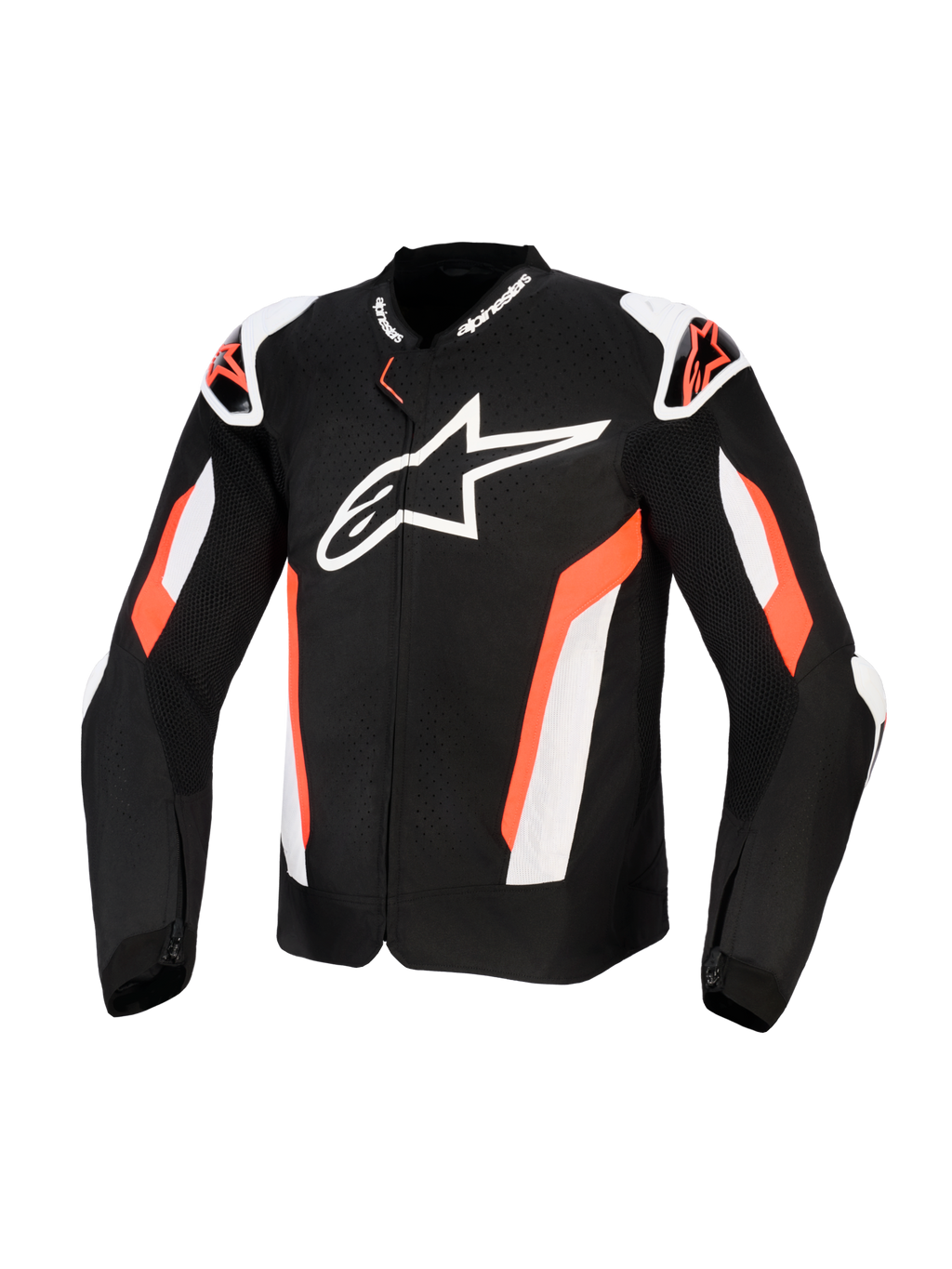 Alpinestars T-GP Air Jacket, tekstil motorcykeljakke i sort og rød fluo, stort hvidt Alpinestars-logo på brystet, med laserperforerede mesh-paneler til ventilation, eksterne skulder-sliders og et sport-cut design til beskyttende kørsel på landevej.