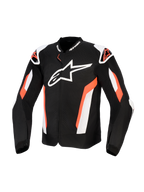 Alpinestars T-GP Air Jacket, tekstil motorcykeljakke i sort og rød fluo, stort hvidt Alpinestars-logo på brystet, med laserperforerede mesh-paneler til ventilation, eksterne skulder-sliders og et sport-cut design til beskyttende kørsel på landevej.