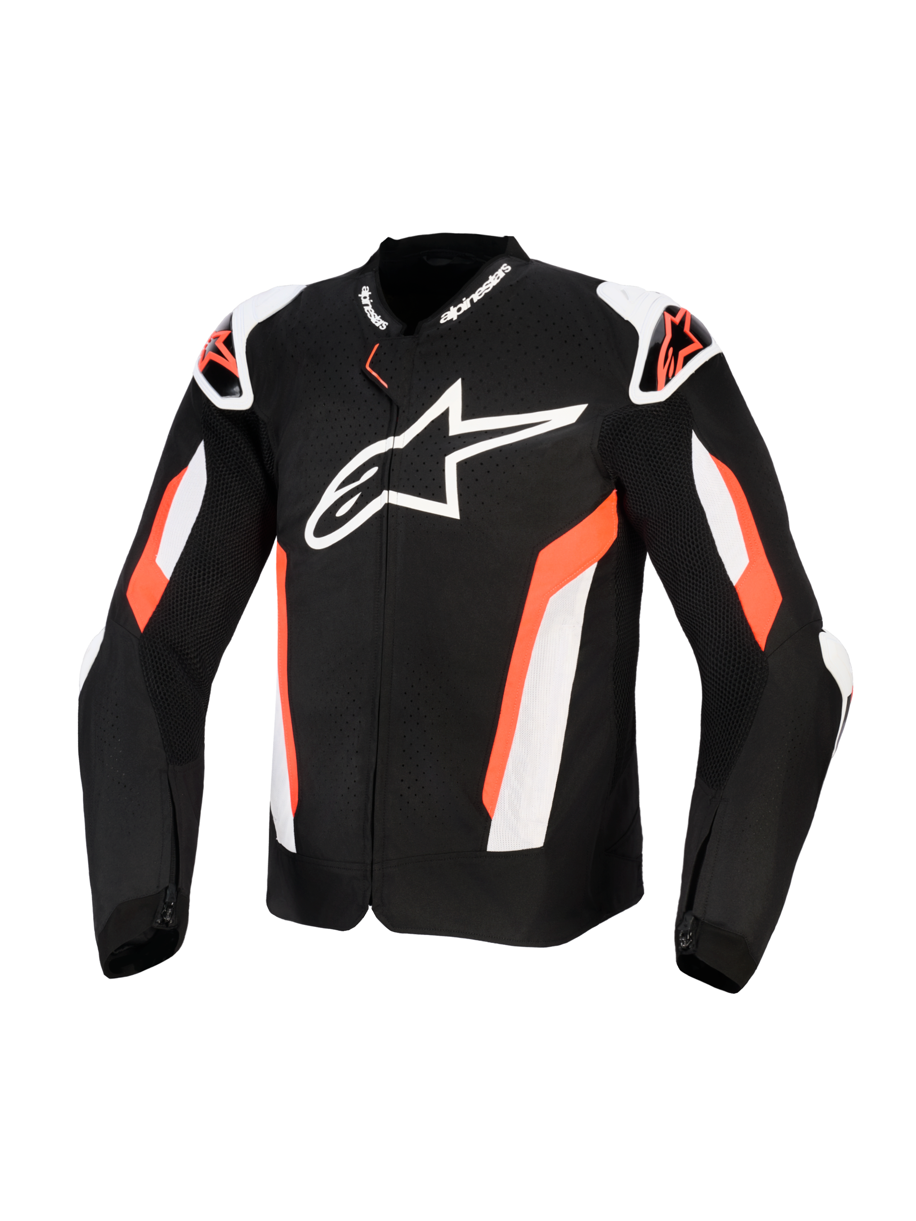 Alpinestars T-GP Air Jacket, tekstil motorcykeljakke i sort og rød fluo, stort hvidt Alpinestars-logo på brystet, med laserperforerede mesh-paneler til ventilation, eksterne skulder-sliders og et sport-cut design til beskyttende kørsel på landevej.