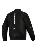 Alpinestars Flight Air Jacket, Black, Rear View, Bomber-Style Urban Motorcycle Jacket featuring extended 3D mesh panels, white vertical branding on the back, Astar logos on the elbows, and ribbed stretch knit cuffs and hem.