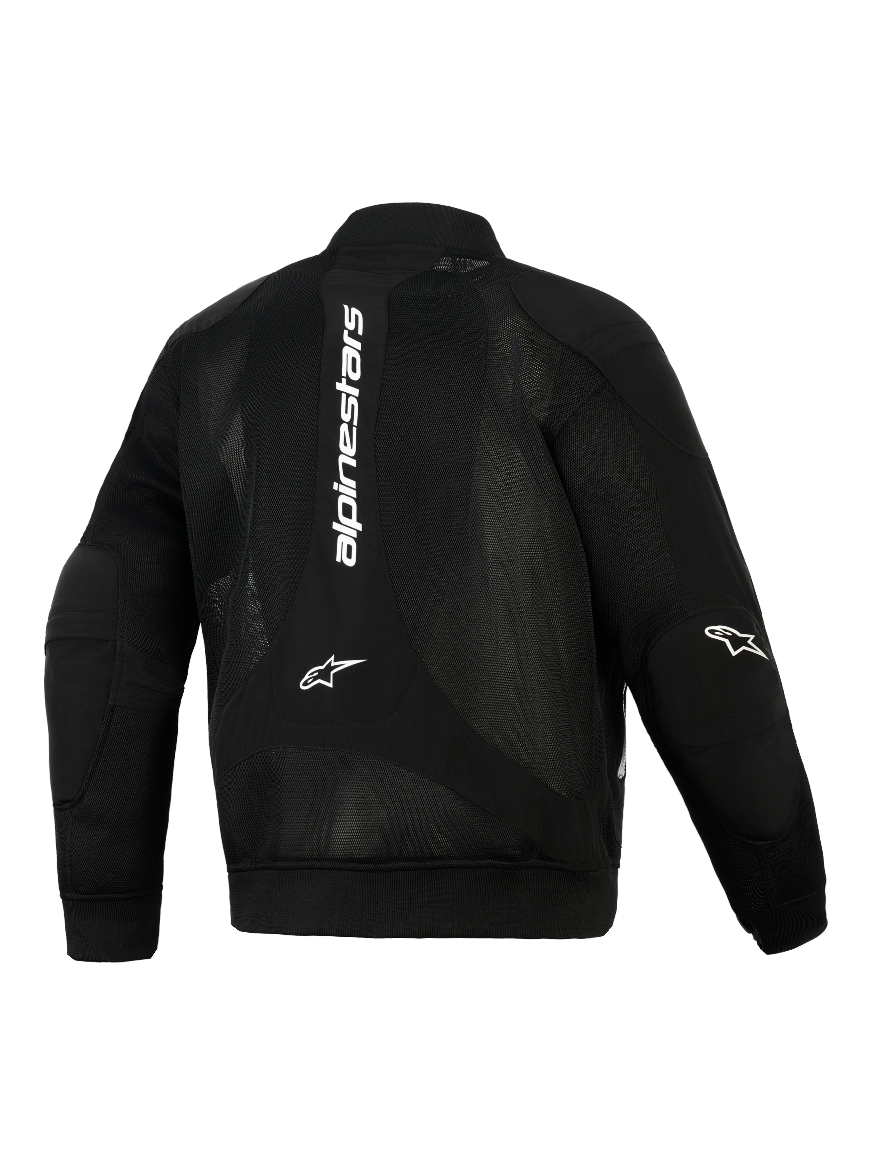 Alpinestars Flight Air Jacket, Black, Rear View, Bomber-Style Urban Motorcycle Jacket featuring extended 3D mesh panels, white vertical branding on the back, Astar logos on the elbows, and ribbed stretch knit cuffs and hem.
