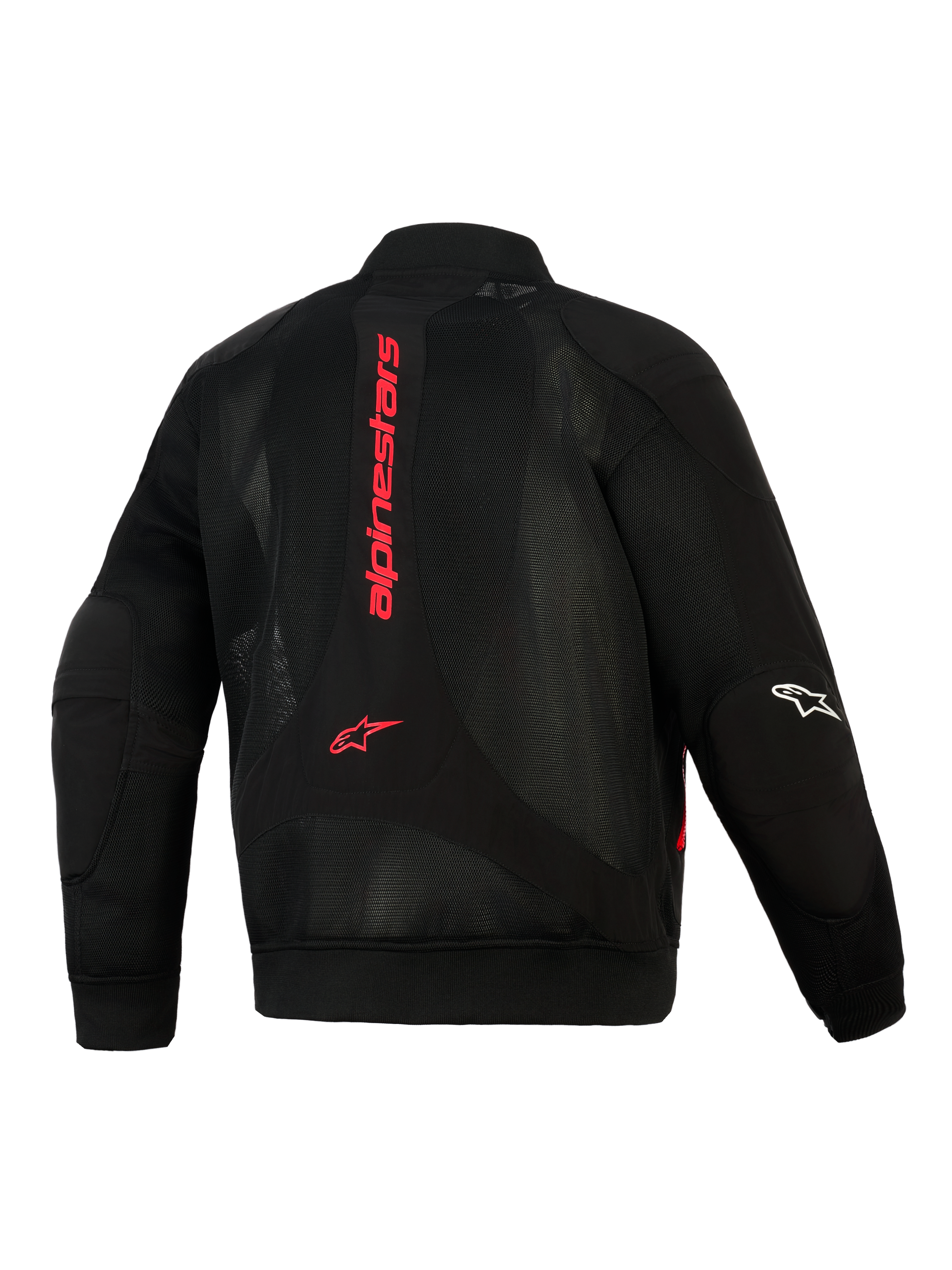 Alpinestars Flight Air jakke, sort og klar rød, set bagfra viser 3D mesh-konstruktion, lodret rødt Alpinestars-logo på ryggen, bomber-stil silhuet med ribstrikket talje og manchetter, hvidt logo på ærmet