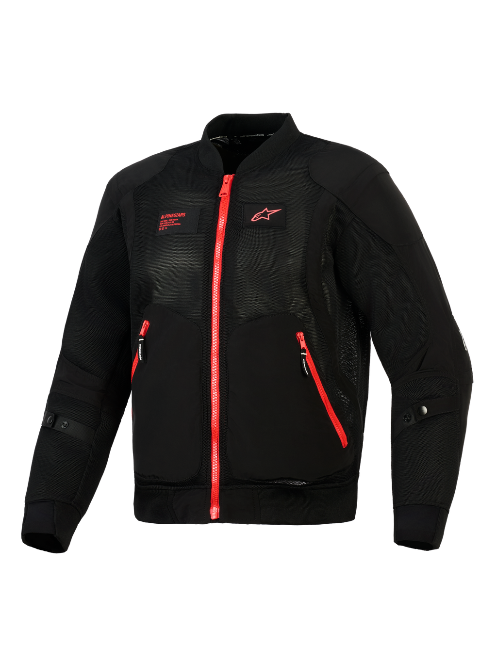 Alpinestars Flight Air Jakke, sort og rød, set forfra af en letvægts motorcykeljakke i bomber-stil med 3D mesh-paneler, kontrasterende røde lynlåse og rødt Alpinestars-logo på brystet.