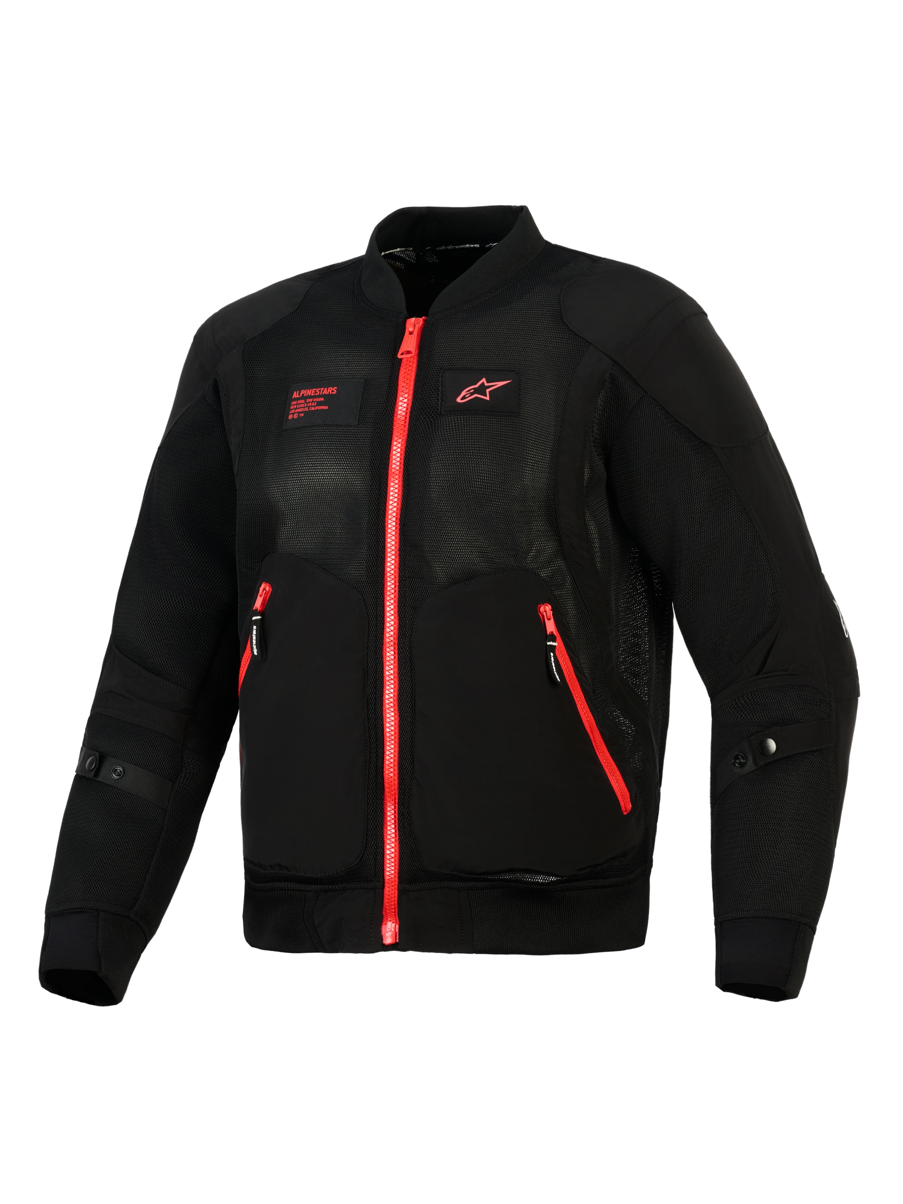 Alpinestars Flight Air Jakke, sort og rød, set forfra af en letvægts motorcykeljakke i bomber-stil med 3D mesh-paneler, kontrasterende røde lynlåse og rødt Alpinestars-logo på brystet.