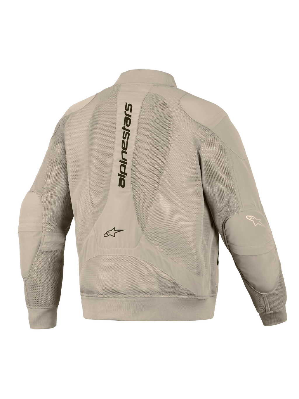 Alpinestars Flight Air Jakke i Aluminum, set bagfra, med omfattende 3D mesh-paneler til ventilation, lodret Alpinestars-tekst på ryggen, ribstrikkede manchetter og kant, moderne bomber-stil silhuet til urban motorcykelkørsel.