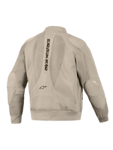 Alpinestars Flight Air Jakke i Aluminum, set bagfra, med omfattende 3D mesh-paneler til ventilation, lodret Alpinestars-tekst på ryggen, ribstrikkede manchetter og kant, moderne bomber-stil silhuet til urban motorcykelkørsel.