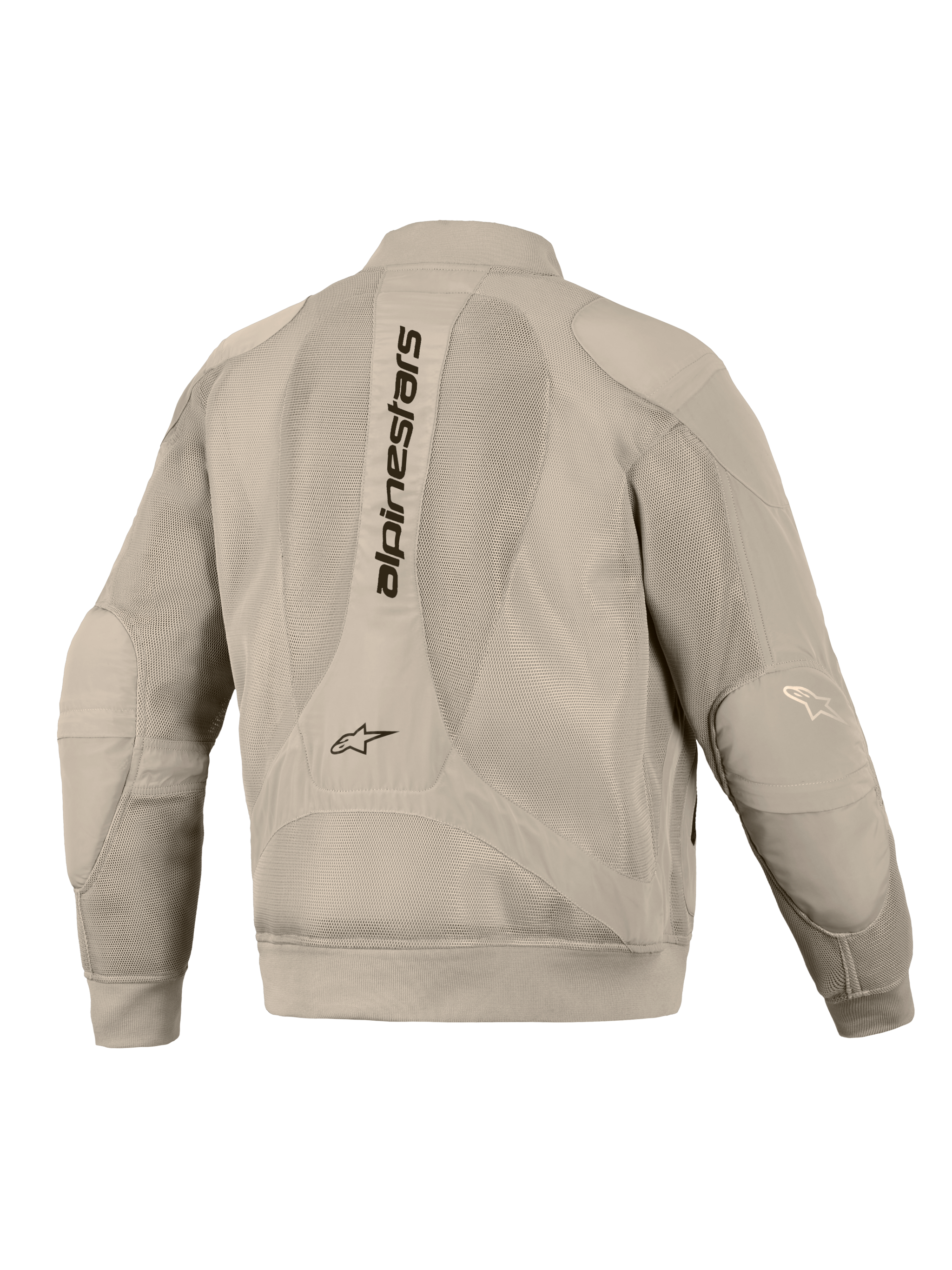Alpinestars Flight Air Jakke i Aluminum, set bagfra, med omfattende 3D mesh-paneler til ventilation, lodret Alpinestars-tekst på ryggen, ribstrikkede manchetter og kant, moderne bomber-stil silhuet til urban motorcykelkørsel.