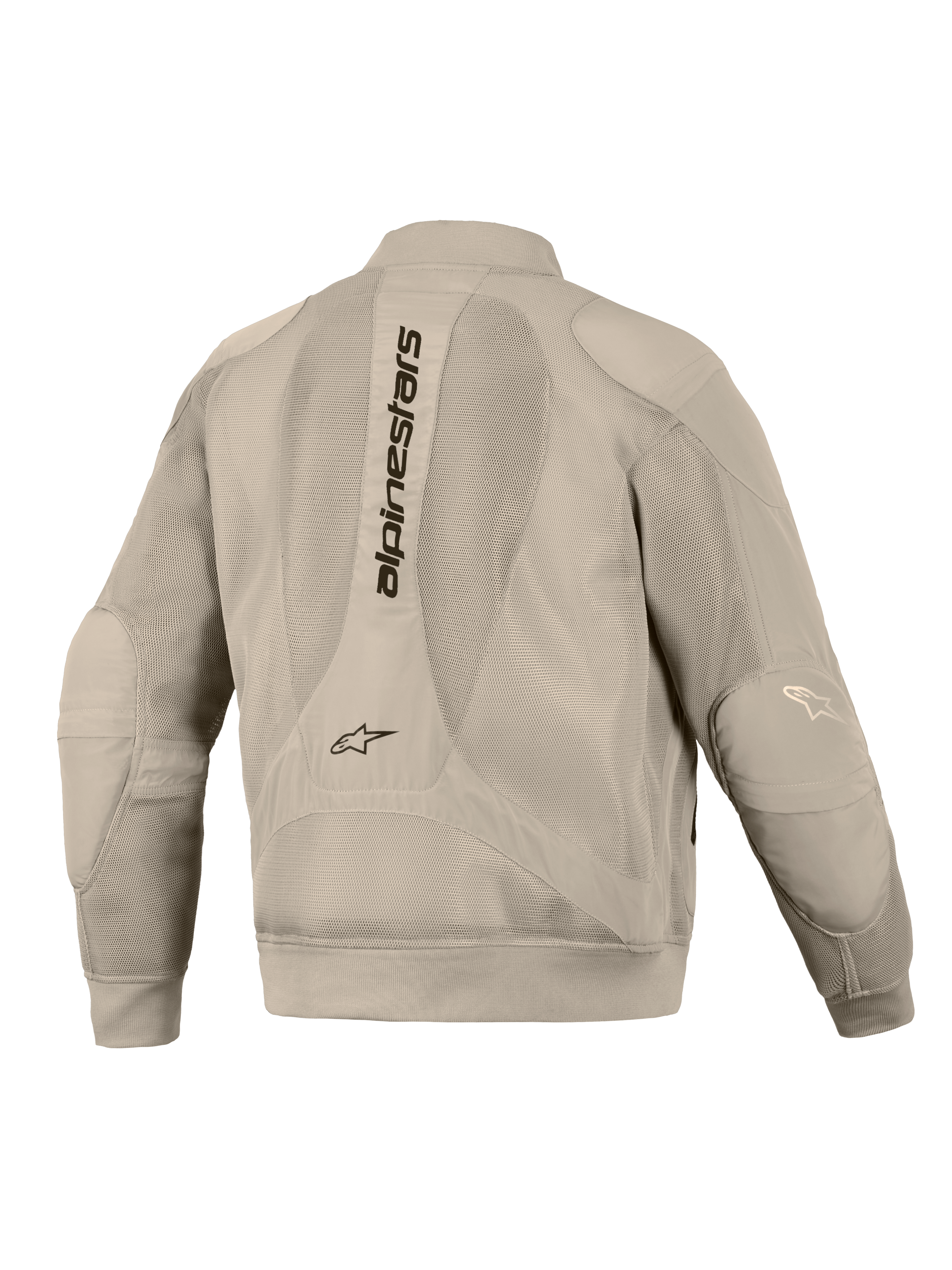 Alpinestars Flight Air Jakke i Aluminum, set bagfra, med omfattende 3D mesh-paneler til ventilation, lodret Alpinestars-tekst på ryggen, ribstrikkede manchetter og kant, moderne bomber-stil silhuet til urban motorcykelkørsel.