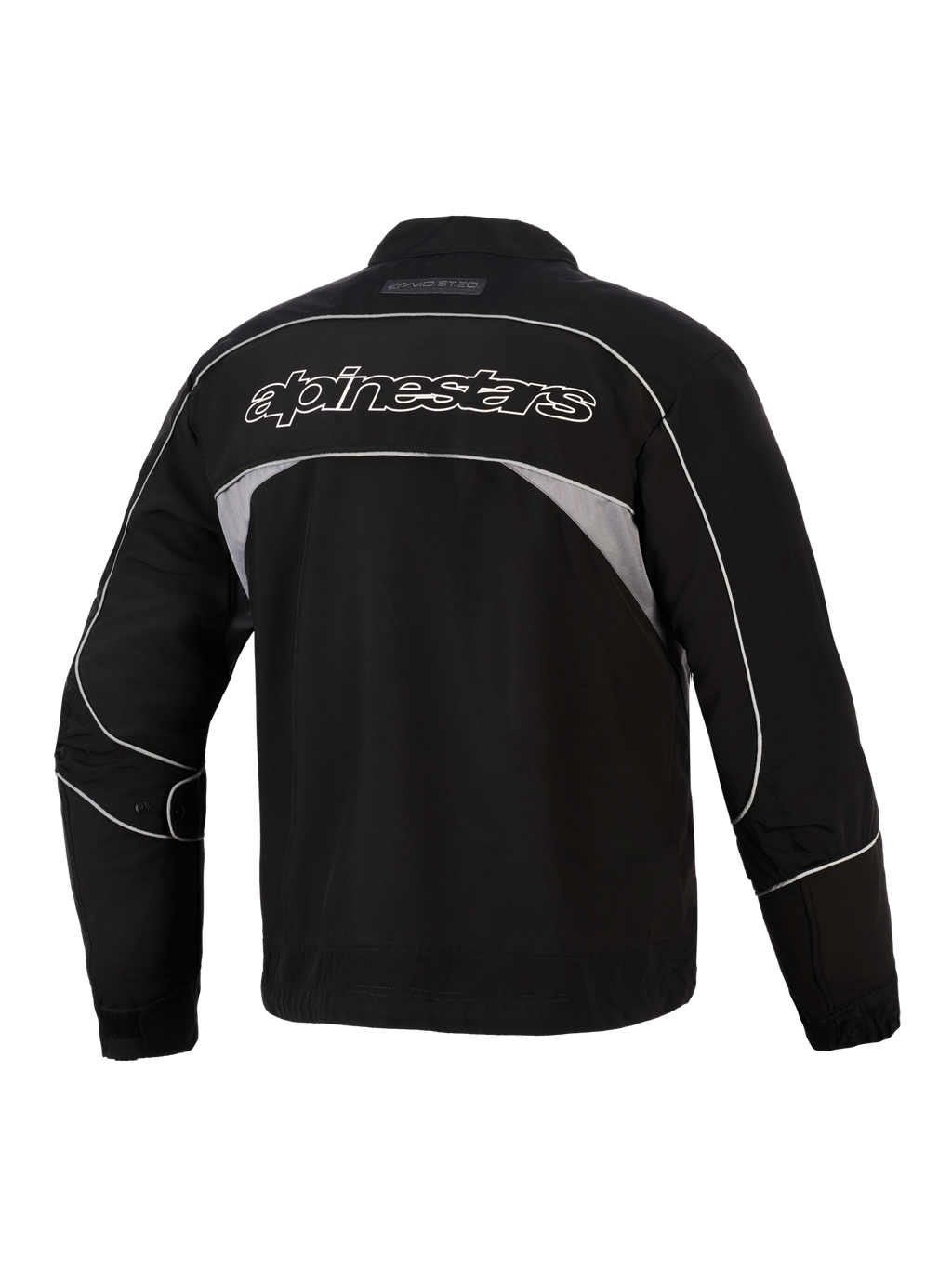 Alpinestars Unite-jakke, set bagfra, sort med mørkegrå reflekterende paneler, Alpinestars-branding med hvidt omrids på tværs af ryggen, urban motorcykel-softshelljakke med minimalistisk design