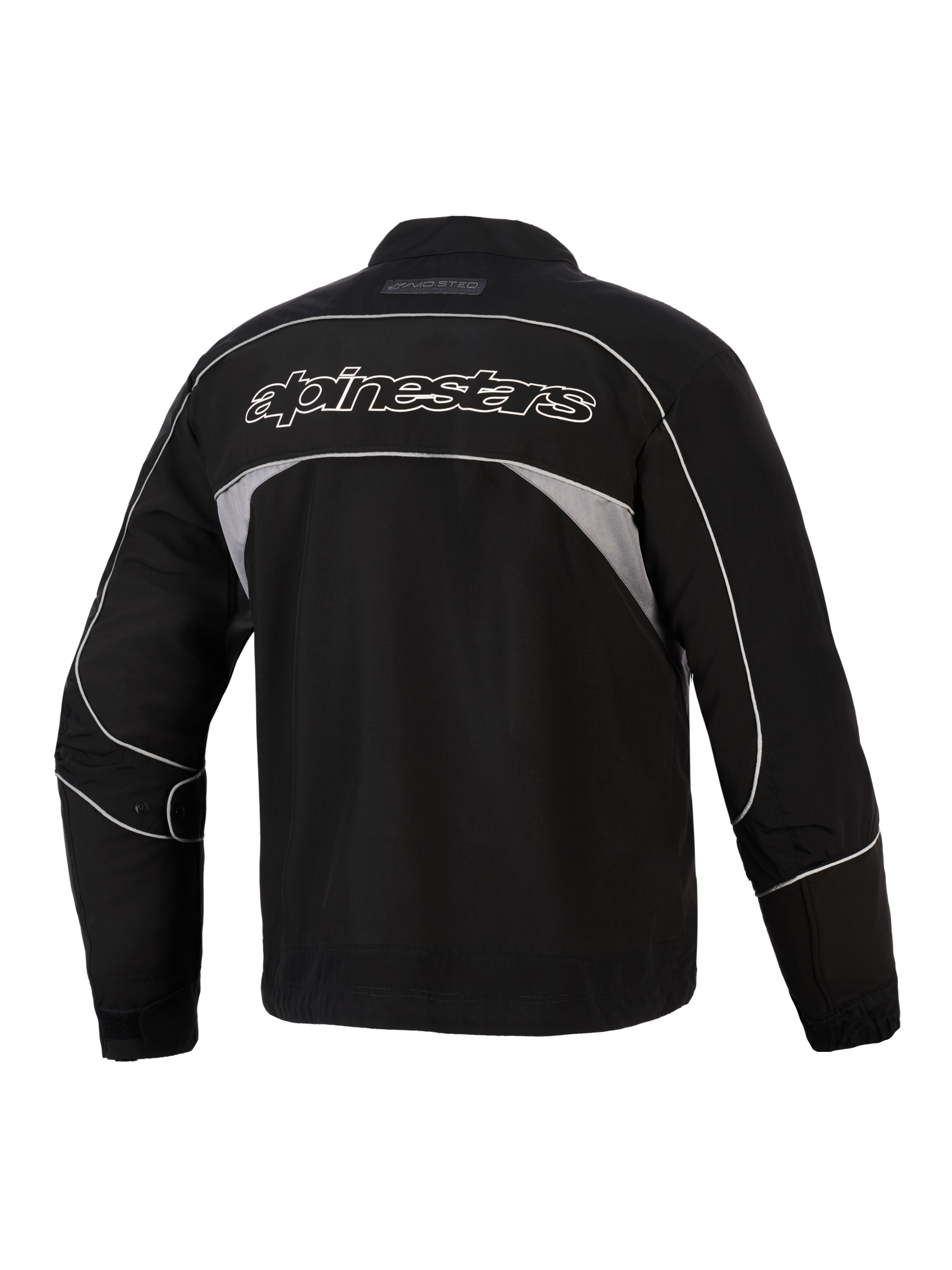 Alpinestars Unite-jakke, set bagfra, sort med mørkegrå reflekterende paneler, Alpinestars-branding med hvidt omrids på tværs af ryggen, urban motorcykel-softshelljakke med minimalistisk design