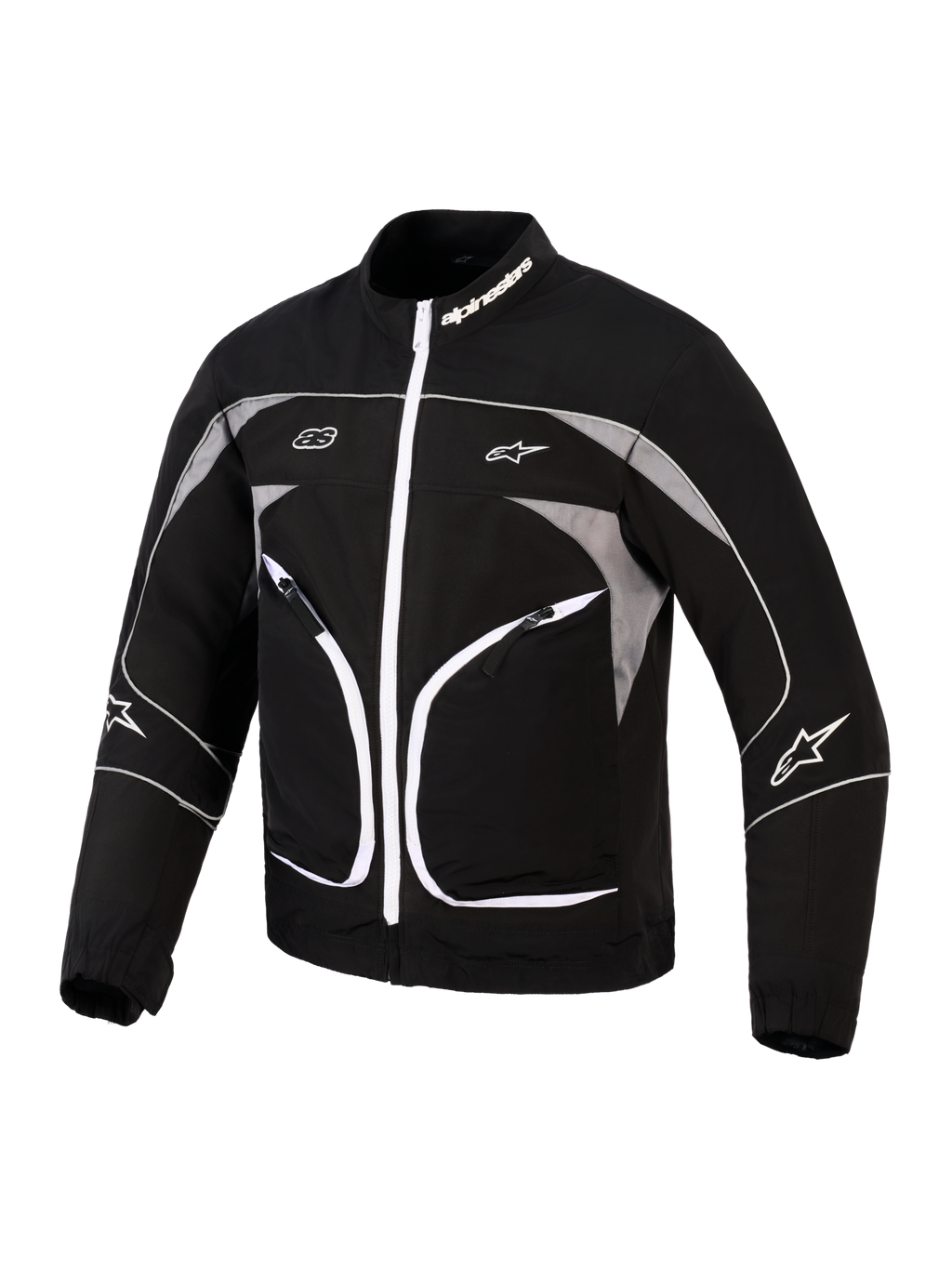 Alpinestars Unite jakke, motorcykeljakke, sort og mørkegrå, med hvid lynlås foran, reflekterende grå paneler og hvide piping-detaljer, Alpinestars-branding på krave og ærmer, minimalistisk urbant design
