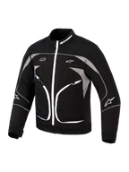 Alpinestars Unite jakke, motorcykeljakke, sort og mørkegrå, med hvid lynlås foran, reflekterende grå paneler og hvide piping-detaljer, Alpinestars-branding på krave og ærmer, minimalistisk urbant design