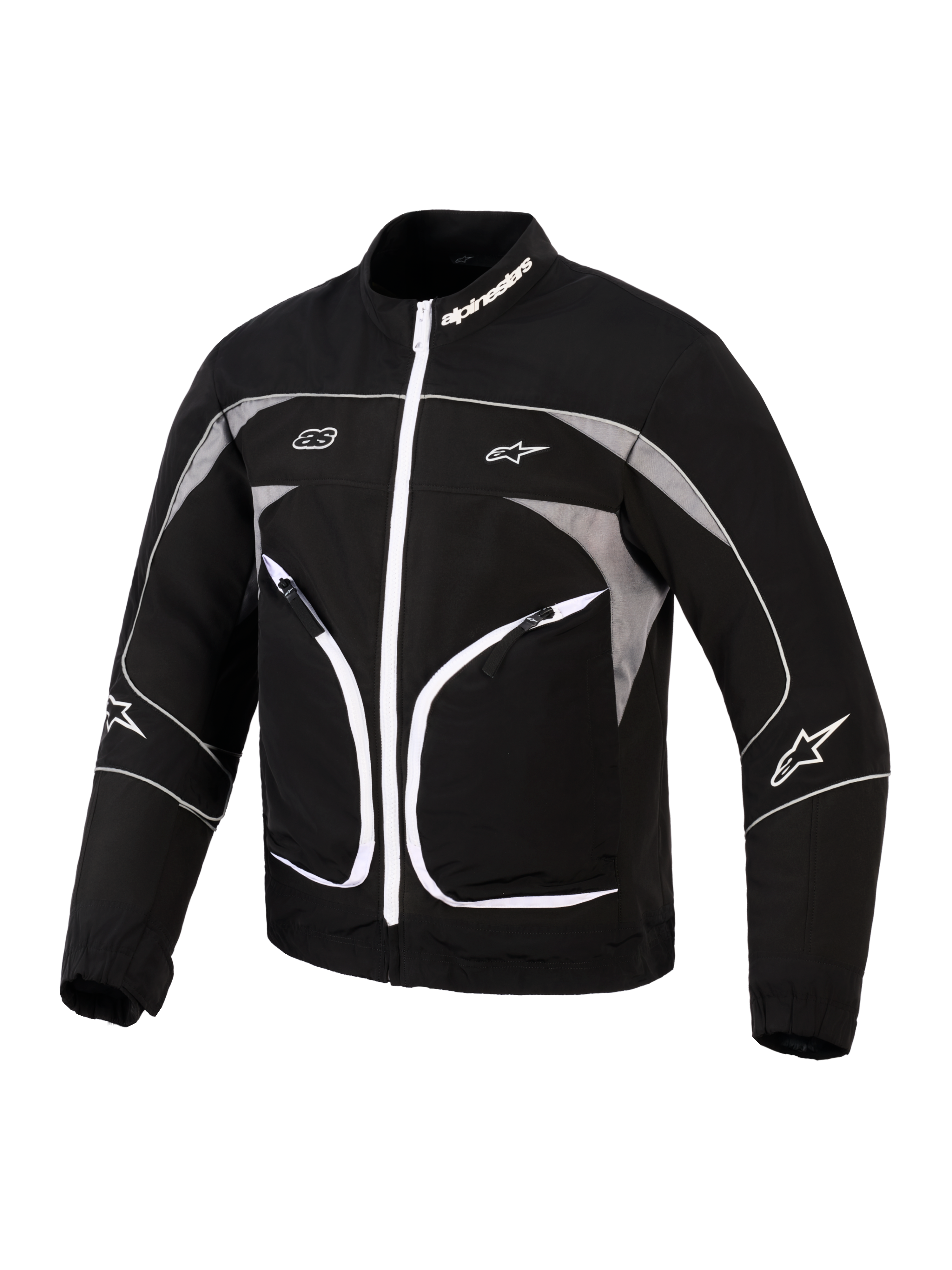 Alpinestars Unite jakke, motorcykeljakke, sort og mørkegrå, med hvid lynlås foran, reflekterende grå paneler og hvide piping-detaljer, Alpinestars-branding på krave og ærmer, minimalistisk urbant design