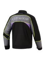 Alpinestars Unite Jakke i Black Asphalt Violet, set bagfra, urban motorcykeljakke med stort gråt skulderpanel, hvidt Alpinestars-logo med kontur, lilla sideaccenter og neon-gule high-visibility-kanter langs sømmene