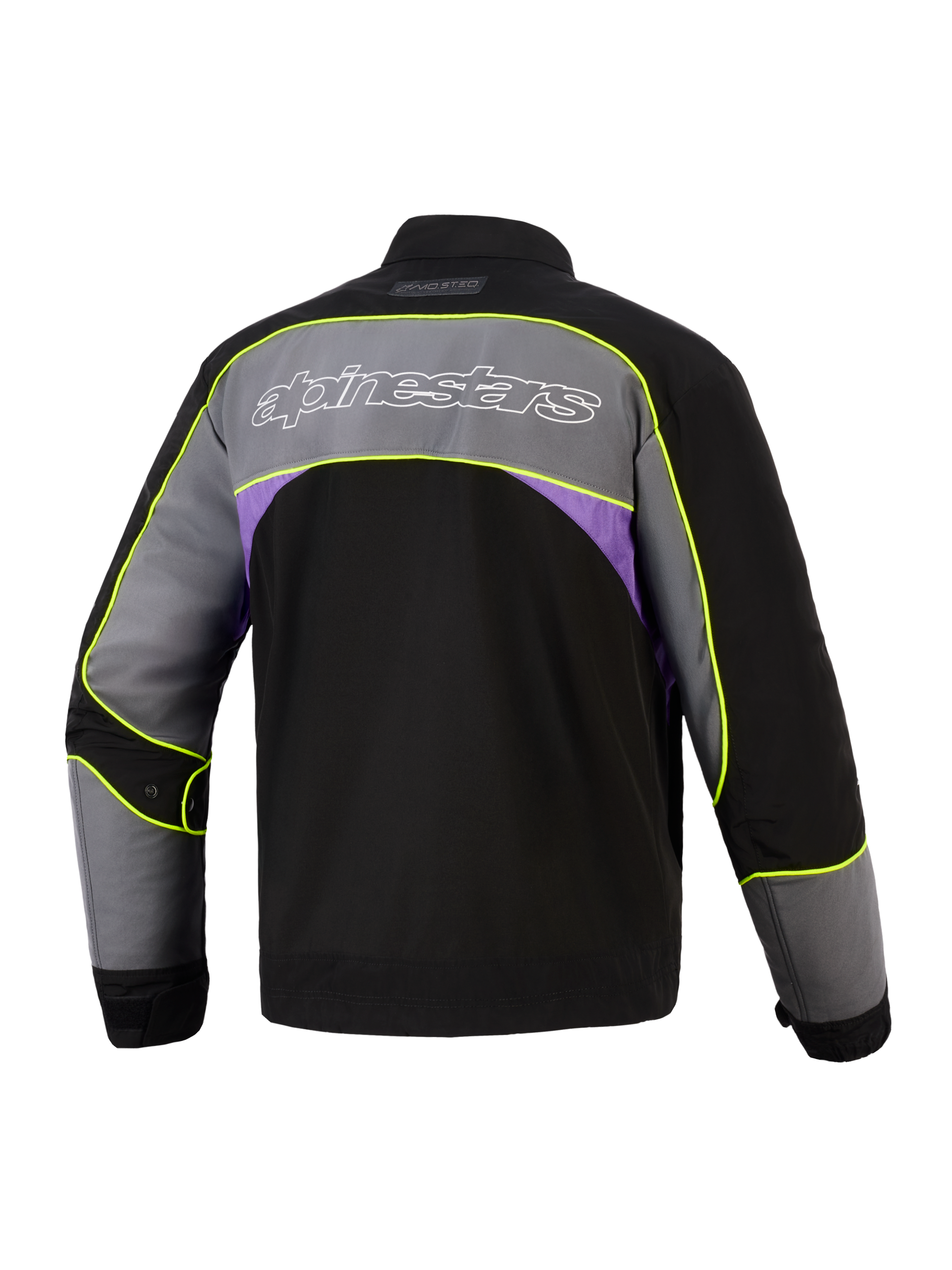 Alpinestars Unite Jakke i Black Asphalt Violet, set bagfra, urban motorcykeljakke med stort gråt skulderpanel, hvidt Alpinestars-logo med kontur, lilla sideaccenter og neon-gule high-visibility-kanter langs sømmene