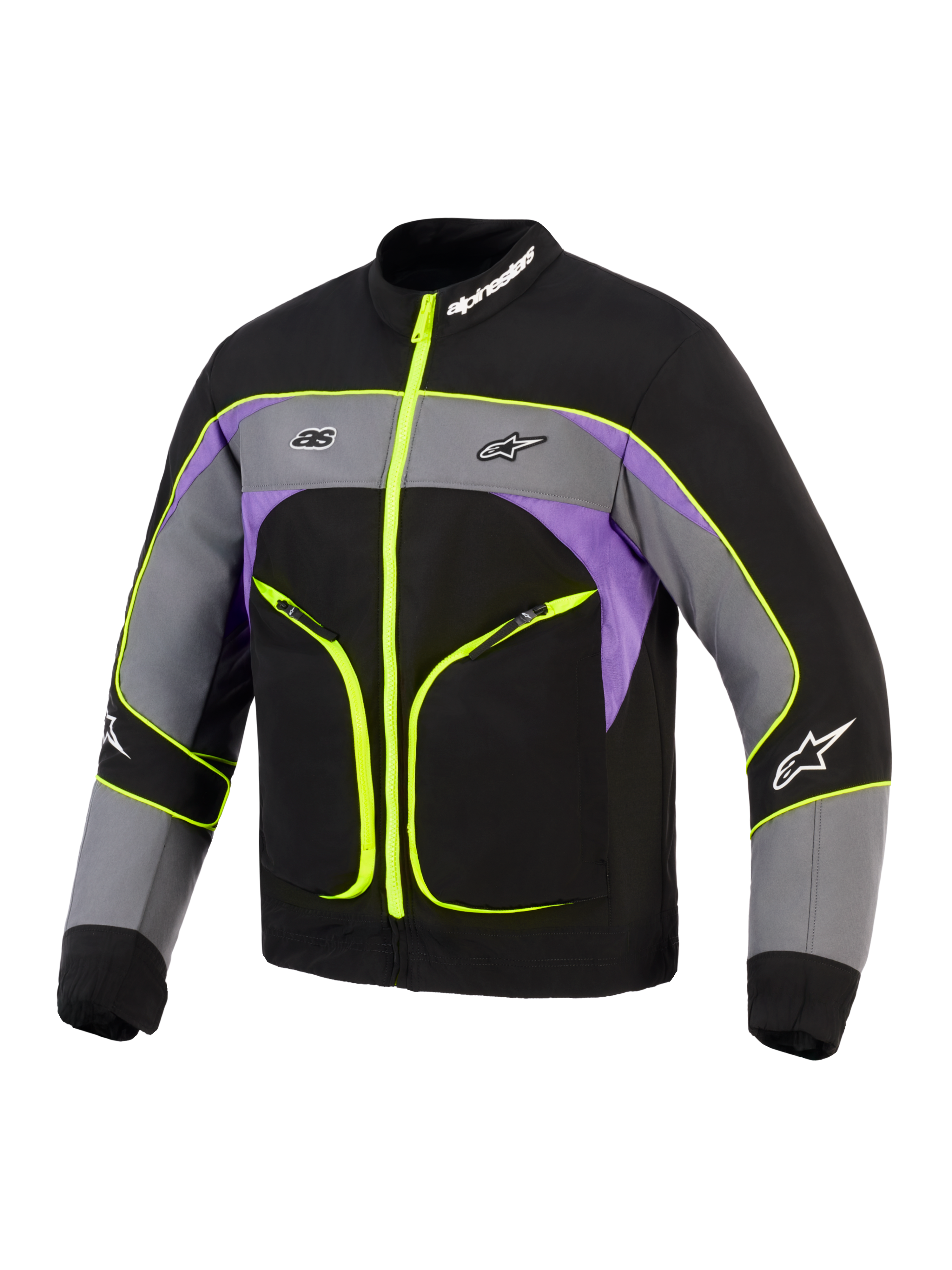 Alpinestars Unite-jakke, urban motorcykeljakke, Black Asphalt Violet med neongule detaljer, med 3-lags softshell-konstruktion, fluorescerende gule lynlåse og piping, grå og lilla farveblokering og Alpinestars-branding på brystet og kraven.