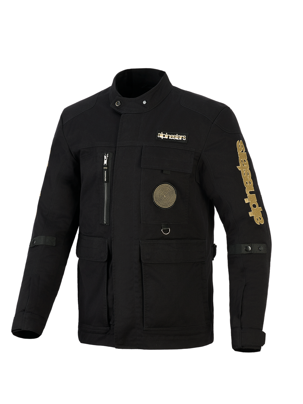 Alpinestars Dice-jakke, urban motorcykel-feltjakke, sort med guld-branding, med flere praktiske lommer, en spiral-patch på brystet og vintage-inspireret feltjakke-styling i vandafvisende tekstil.