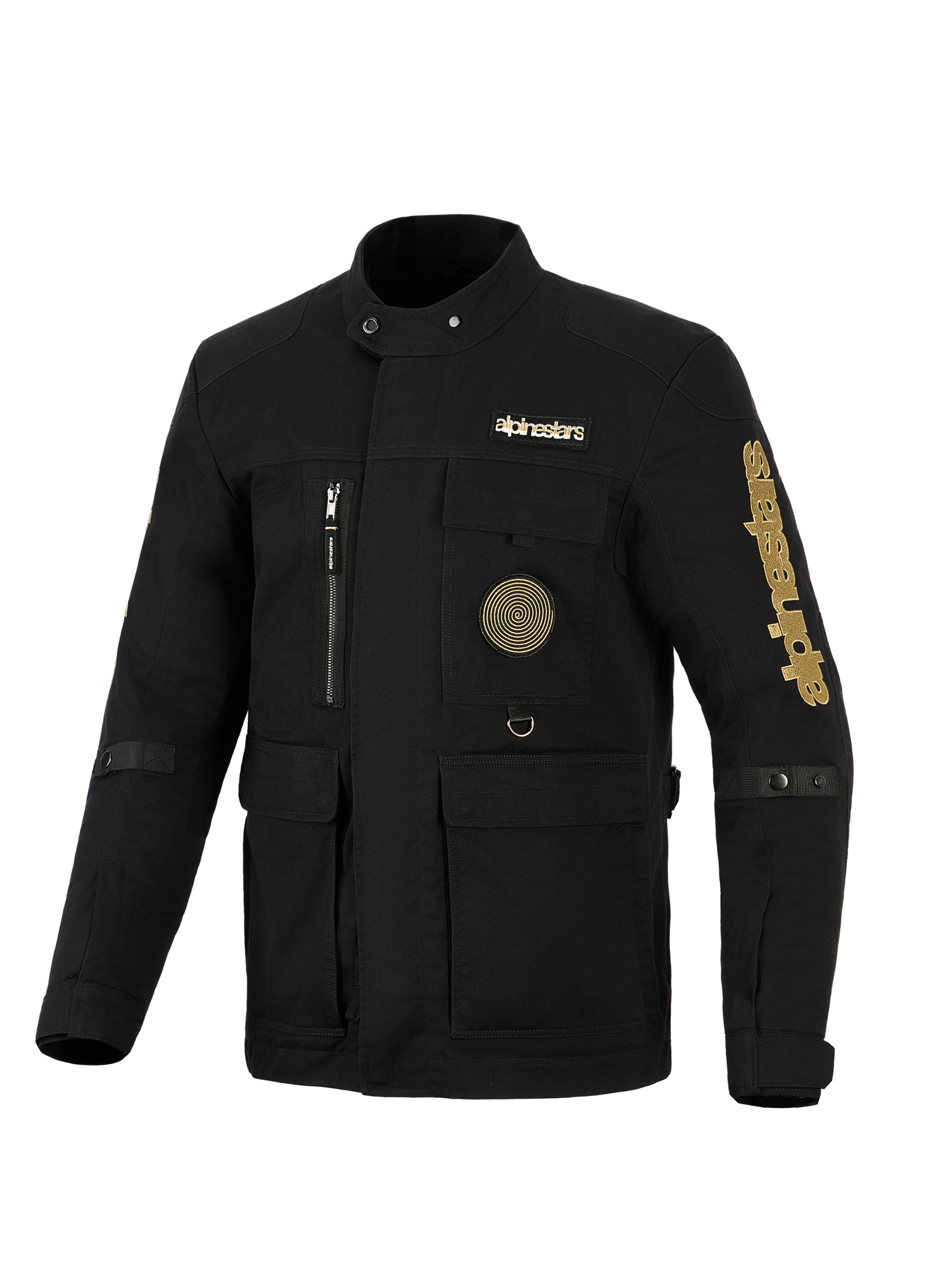 Alpinestars Dice-jakke, urban motorcykel-feltjakke, sort med guld-branding, med flere praktiske lommer, en spiral-patch på brystet og vintage-inspireret feltjakke-styling i vandafvisende tekstil.