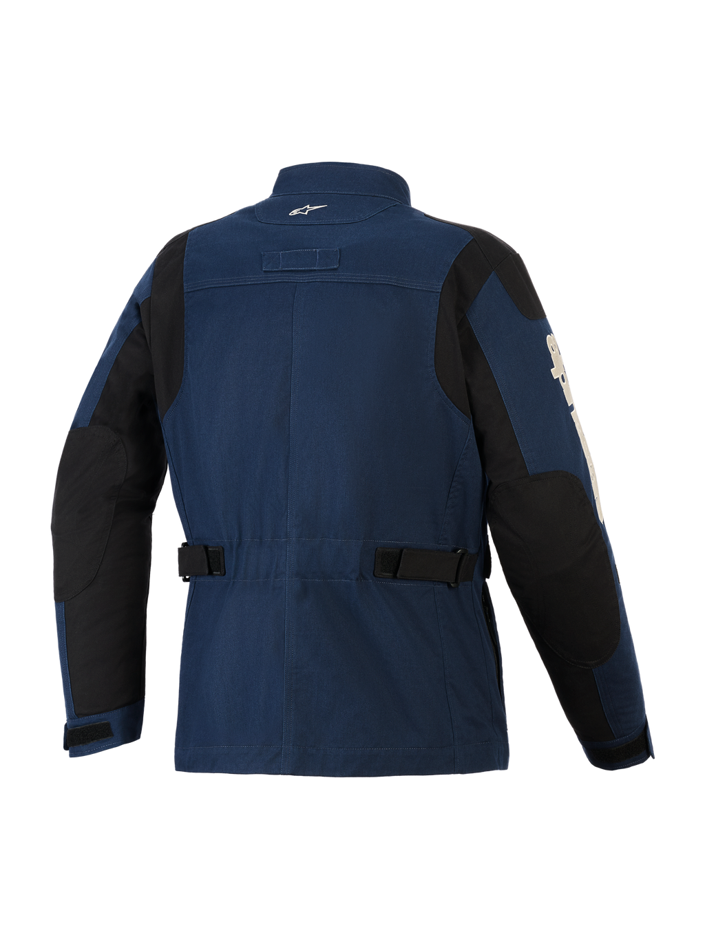Alpinestars Dice jakke, urban motorcykeljakke, mørkeblå og sort, set bagfra med feltjakke-design, justerbare taljeremme, sorte forstærkningspaneler på skuldre og albuer, lille hvidt logo på kraven.