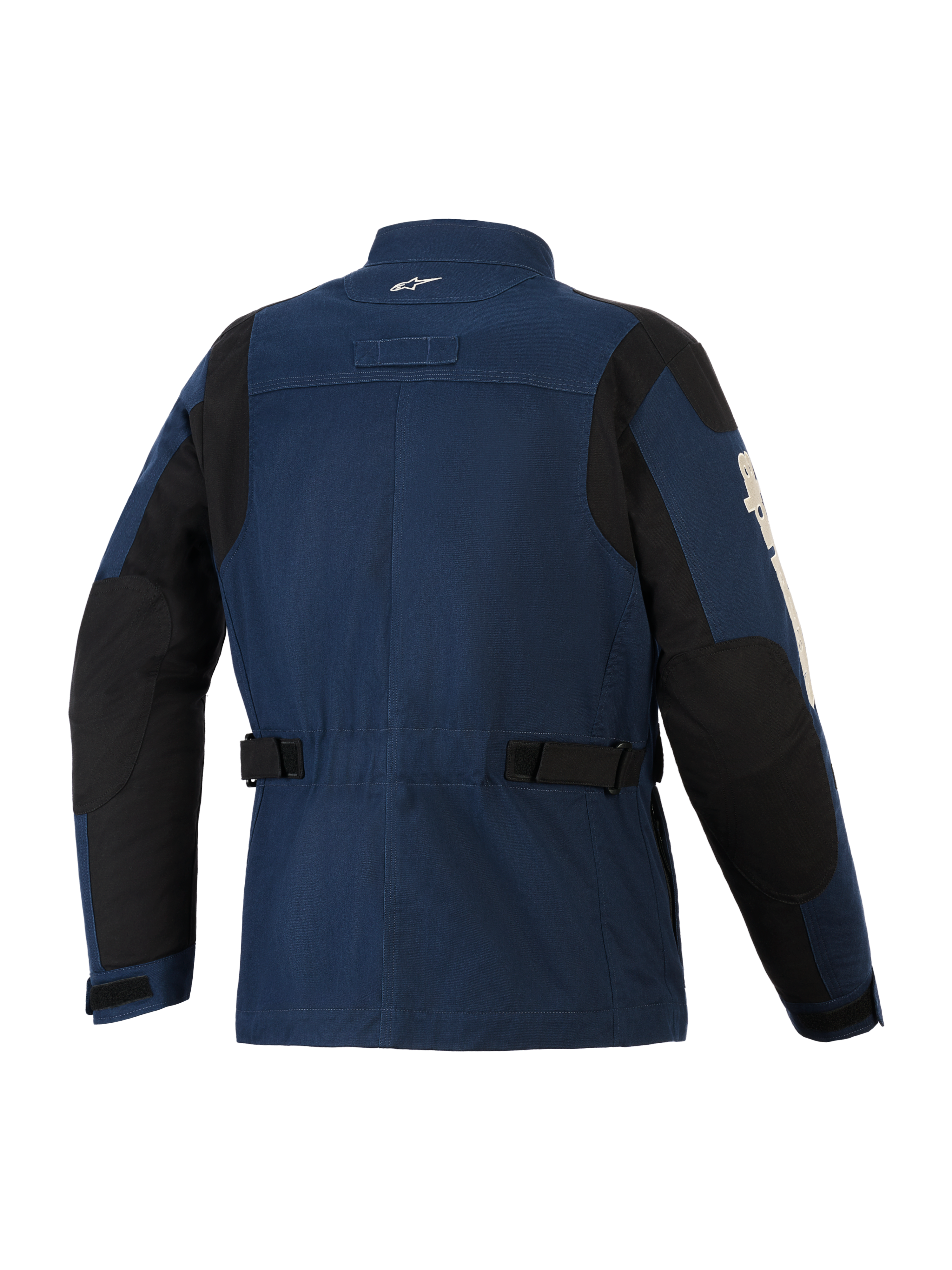 Alpinestars Dice jakke, urban motorcykeljakke, mørkeblå og sort, set bagfra med feltjakke-design, justerbare taljeremme, sorte forstærkningspaneler på skuldre og albuer, lille hvidt logo på kraven.