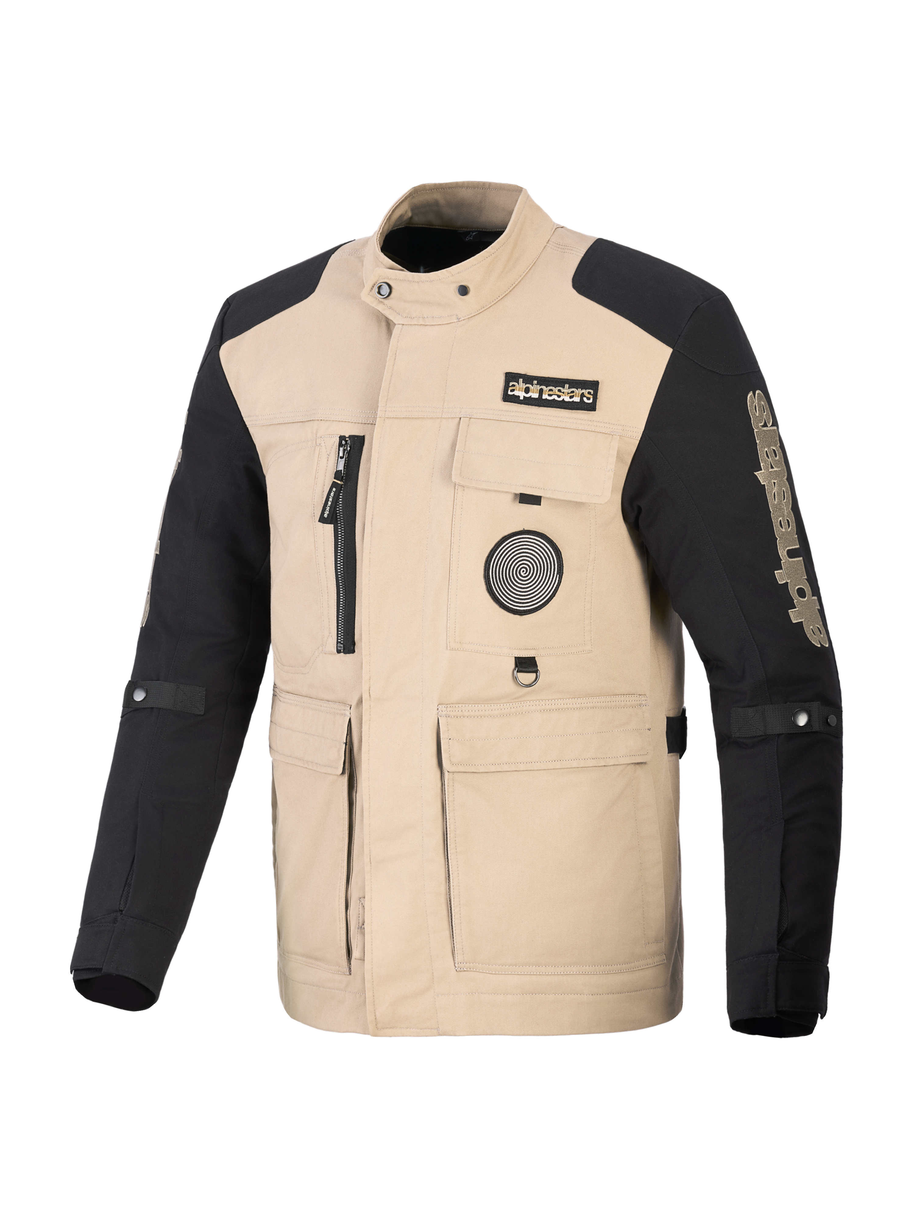 Alpinestars Dice Jakke, urban motorcykeljakke, tan og sort, arbejdstøjsinspireret design med fire brugslommer foran og logo-patches, robust tekstilkonstruktion til gadebrug