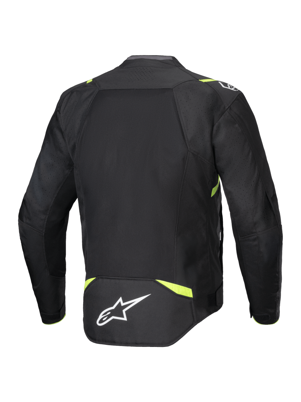 Alpinestars T-SPS Air V2 Jakke, tekstil motorcykeljakke, sort og gul fluo, set bagfra med store mesh-paneler for luftstrøm, fluorescerende gule detaljer på skuldre og talje, hvidt Alpinestars-logo på lænden