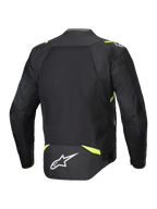Alpinestars T-SPS Air V2 Jakke, tekstil motorcykeljakke, sort og gul fluo, set bagfra med store mesh-paneler for luftstrøm, fluorescerende gule detaljer på skuldre og talje, hvidt Alpinestars-logo på lænden