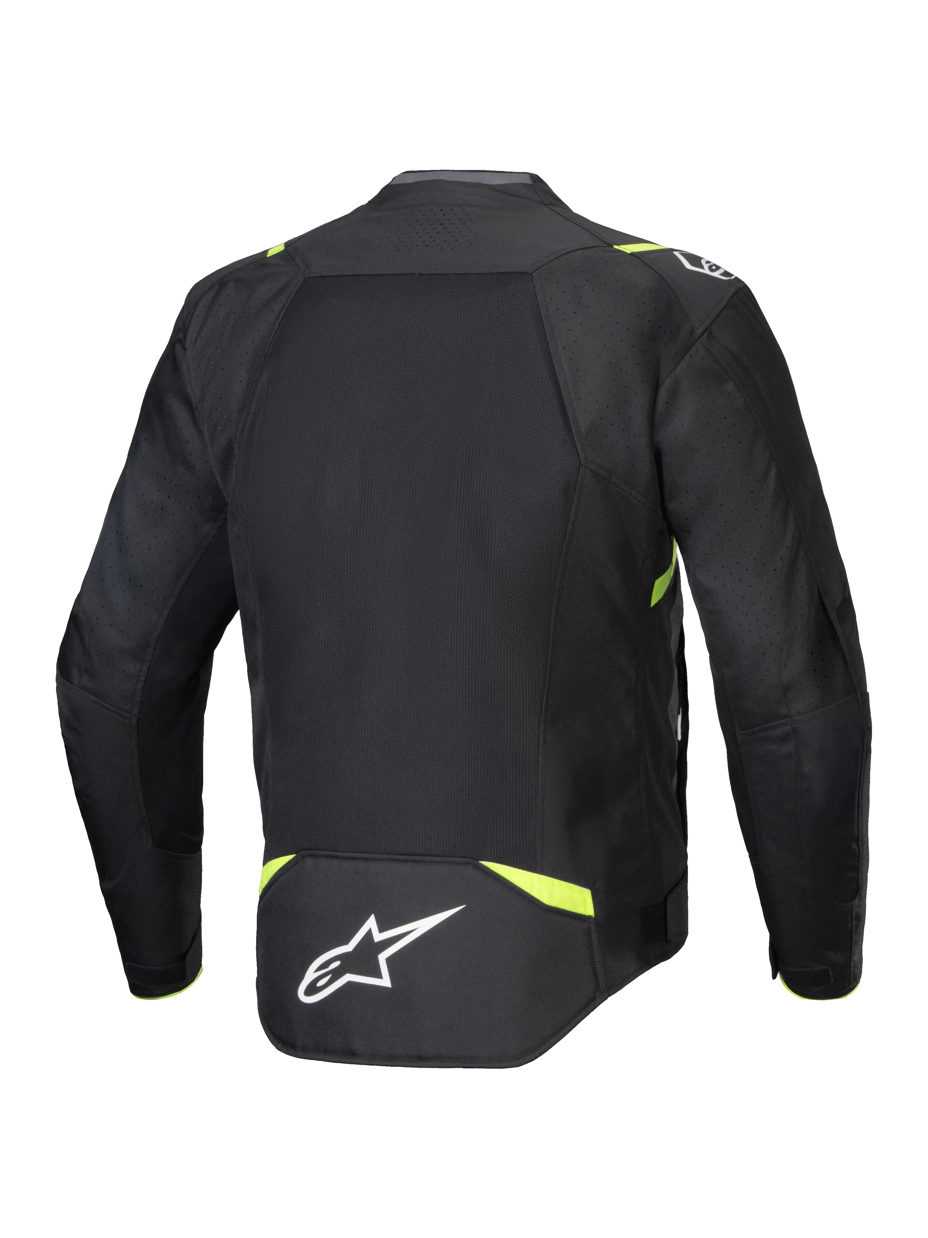 Alpinestars T-SPS Air V2 Jakke, tekstil motorcykeljakke, sort og gul fluo, set bagfra med store mesh-paneler for luftstrøm, fluorescerende gule detaljer på skuldre og talje, hvidt Alpinestars-logo på lænden