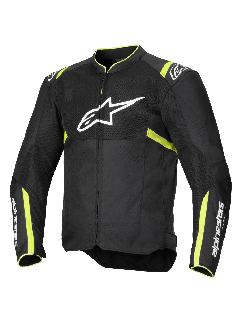 Alpinestars T-Sps Air V2-jakke, motorcykeljakke, sort og neon-gul, med stort hvidt brystlogo, mesh-paneler til ventilation, fluorescerende gule detaljer på skuldre og ærmer, sporty tekstildesign
