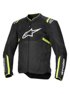 Alpinestars T-Sps Air V2-jakke, motorcykeljakke, sort og neon-gul, med stort hvidt brystlogo, mesh-paneler til ventilation, fluorescerende gule detaljer på skuldre og ærmer, sporty tekstildesign