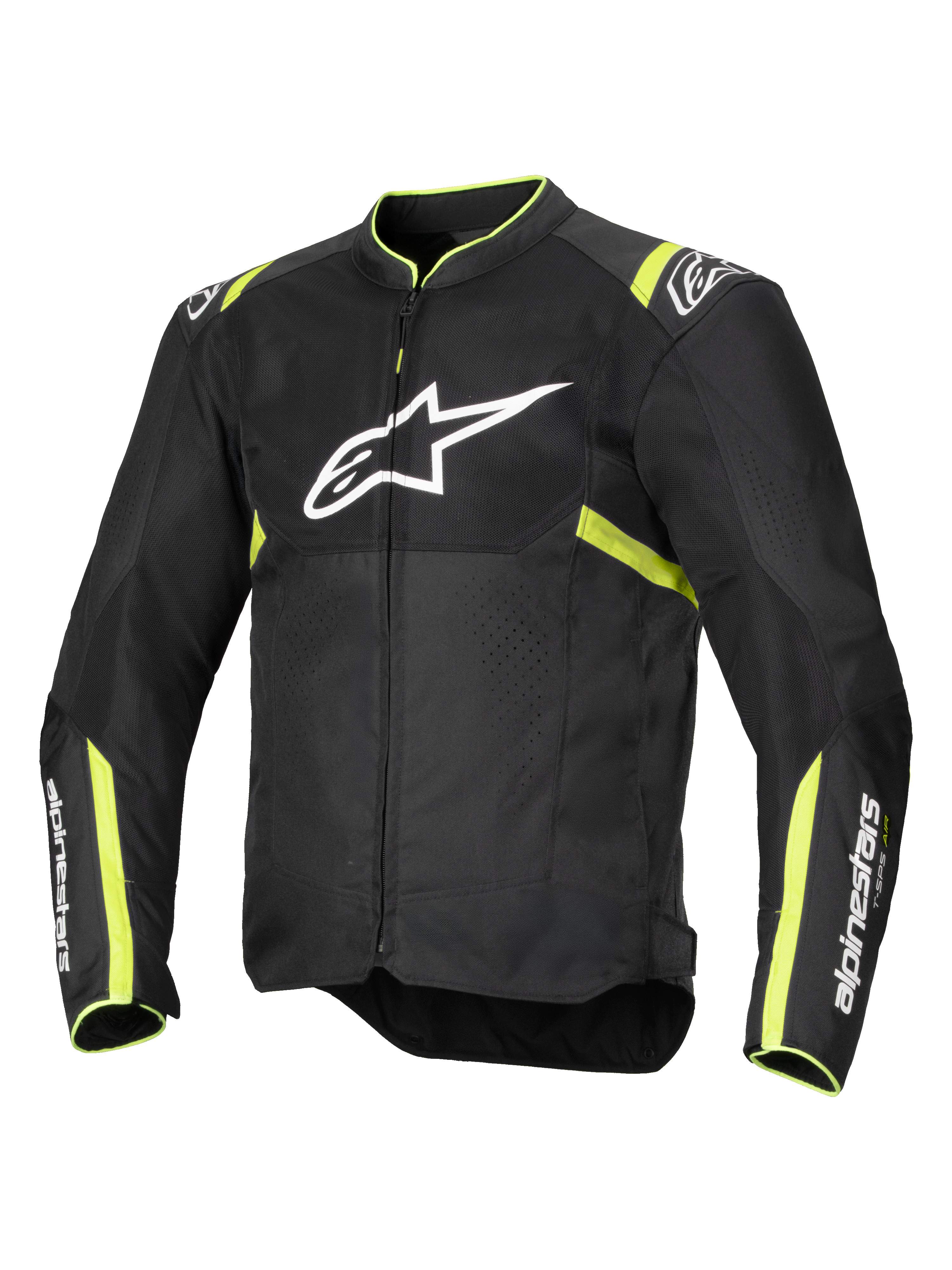 Alpinestars T-Sps Air V2-jakke, motorcykeljakke, sort og neon-gul, med stort hvidt brystlogo, mesh-paneler til ventilation, fluorescerende gule detaljer på skuldre og ærmer, sporty tekstildesign