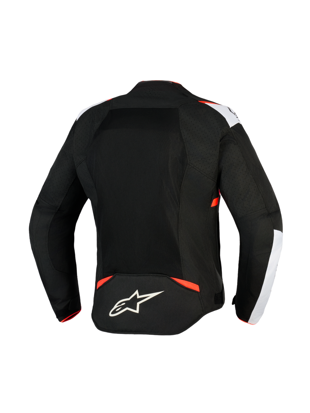 Alpinestars T-Sps Air V2 Jakke, tekstil motorcykeljakke, sort, hvid og rød fluo, set bagfra med store mesh-paneler for luftgennemstrømning, hvide skulderdetaljer, Alpinestars stjernelogo nederst på ryggen, urbant sportsdesign