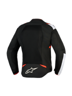 Alpinestars T-Sps Air V2 Jakke, tekstil motorcykeljakke, sort, hvid og rød fluo, set bagfra med store mesh-paneler for luftgennemstrømning, hvide skulderdetaljer, Alpinestars stjernelogo nederst på ryggen, urbant sportsdesign