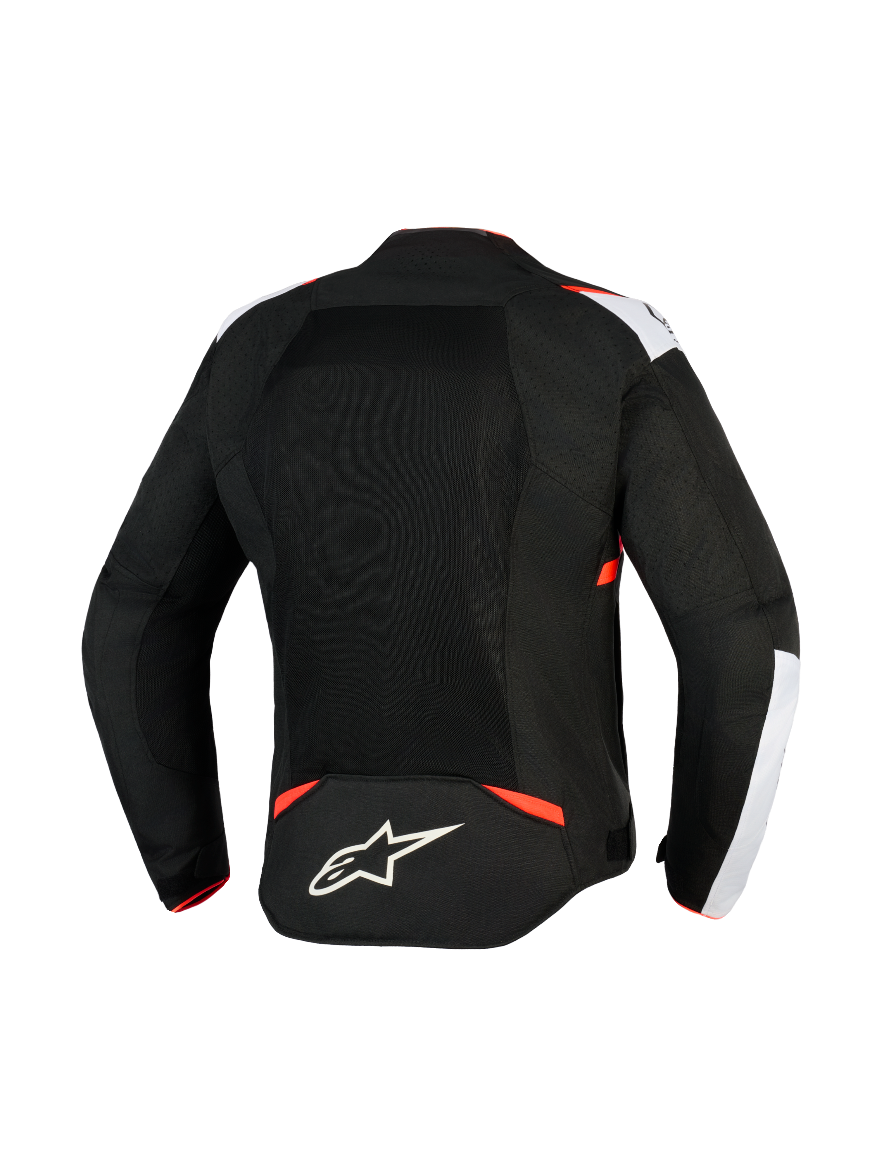 Alpinestars T-Sps Air V2 Jakke, tekstil motorcykeljakke, sort, hvid og rød fluo, set bagfra med store mesh-paneler for luftgennemstrømning, hvide skulderdetaljer, Alpinestars stjernelogo nederst på ryggen, urbant sportsdesign