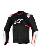 Alpinestars T-Sps Air V2 jakke, motorcykeljakke, sort, hvid og fluorød, set forfra med stort hvidt stjernelogo på brystet, mesh-paneler, hvide ærmepaneler med fluorøde detaljer, teknisk tekstilkonstruktion til sommerkørsel
