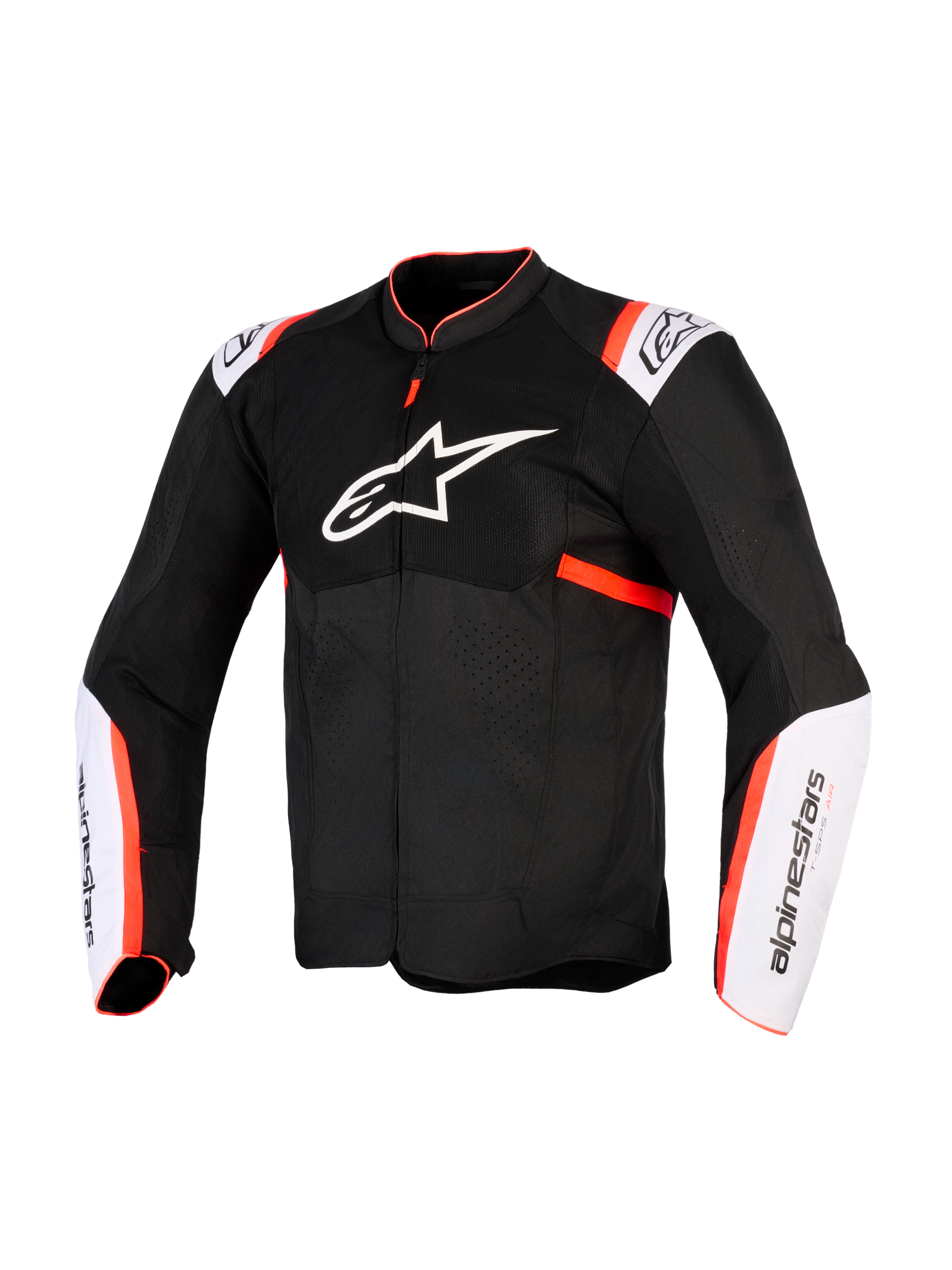 Alpinestars T-Sps Air V2 jakke, motorcykeljakke, sort, hvid og fluorød, set forfra med stort hvidt stjernelogo på brystet, mesh-paneler, hvide ærmepaneler med fluorøde detaljer, teknisk tekstilkonstruktion til sommerkørsel
