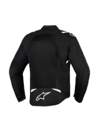 Alpinestars T-Sps Air V2-jakke, sort og hvid, set bagfra viser stort mesh-panel for maksimal luftstrøm, slidstærk 600D polyfabric-konstruktion med hvide detaljer og stjernelogo på lænden, tekstil-motorcykeljakke til bykørsel