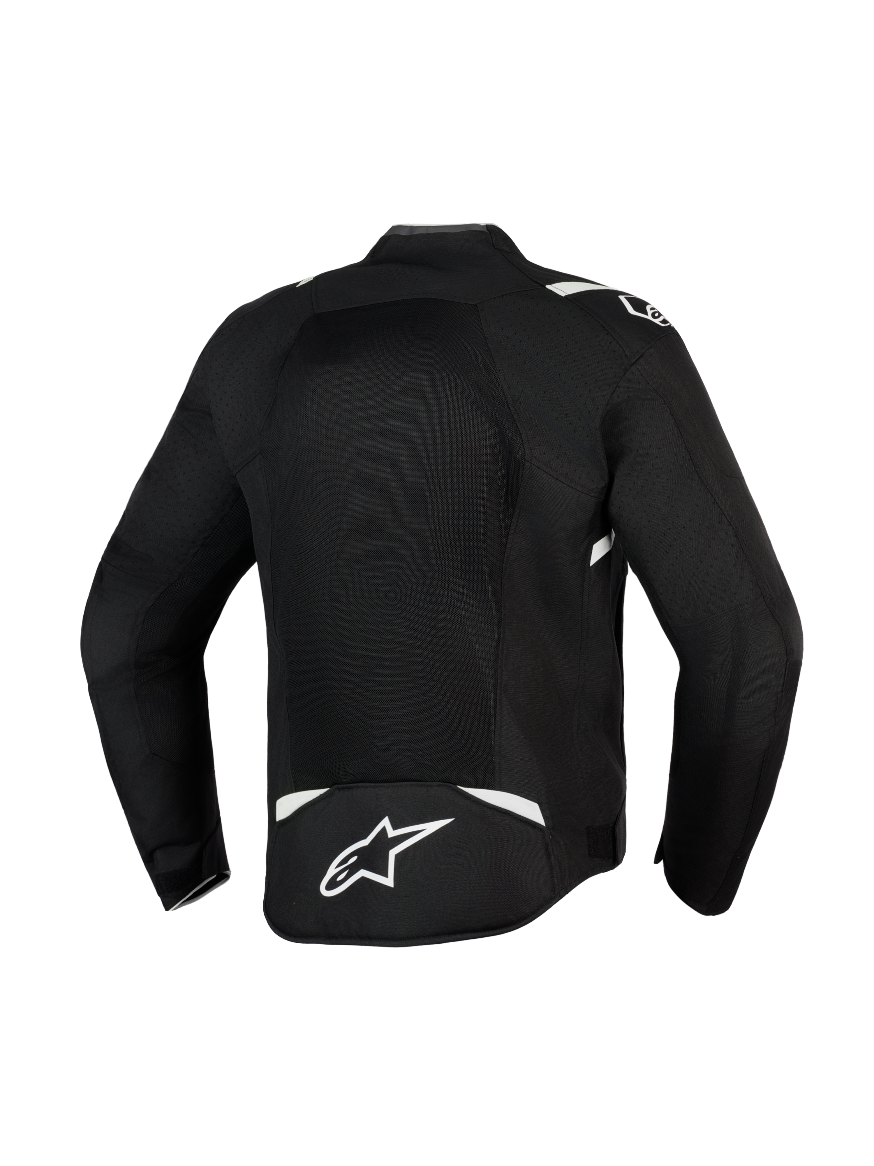 Alpinestars T-Sps Air V2-jakke, sort og hvid, set bagfra viser stort mesh-panel for maksimal luftstrøm, slidstærk 600D polyfabric-konstruktion med hvide detaljer og stjernelogo på lænden, tekstil-motorcykeljakke til bykørsel