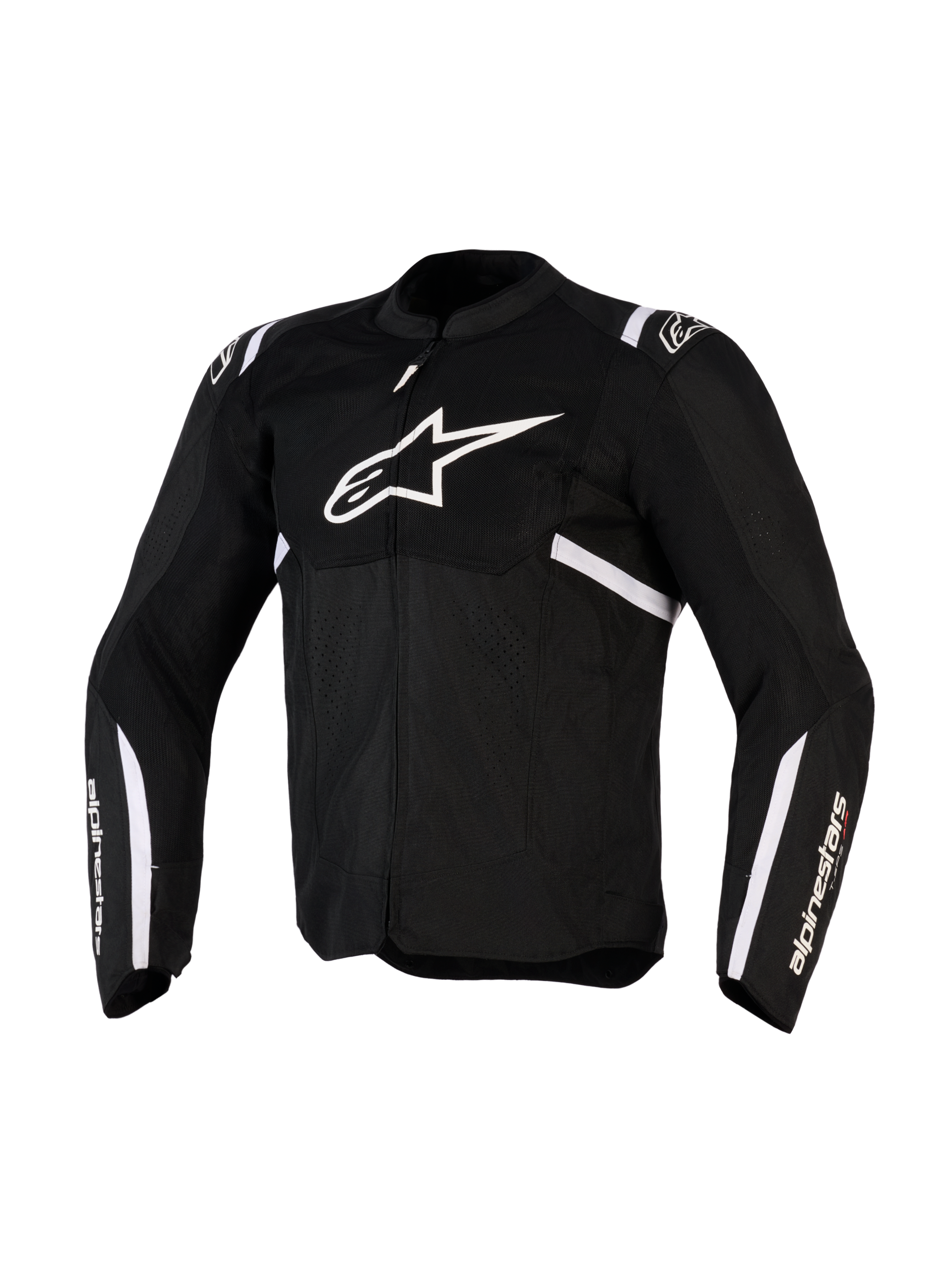 Alpinestars T-SPS Air v2 jakke, tekstil motorcykeljakke, sort og hvid, med stort hvidt brystlogo og mesh-paneler for luftstrøm, sporty design med Alpinestars-branding på ærmerne